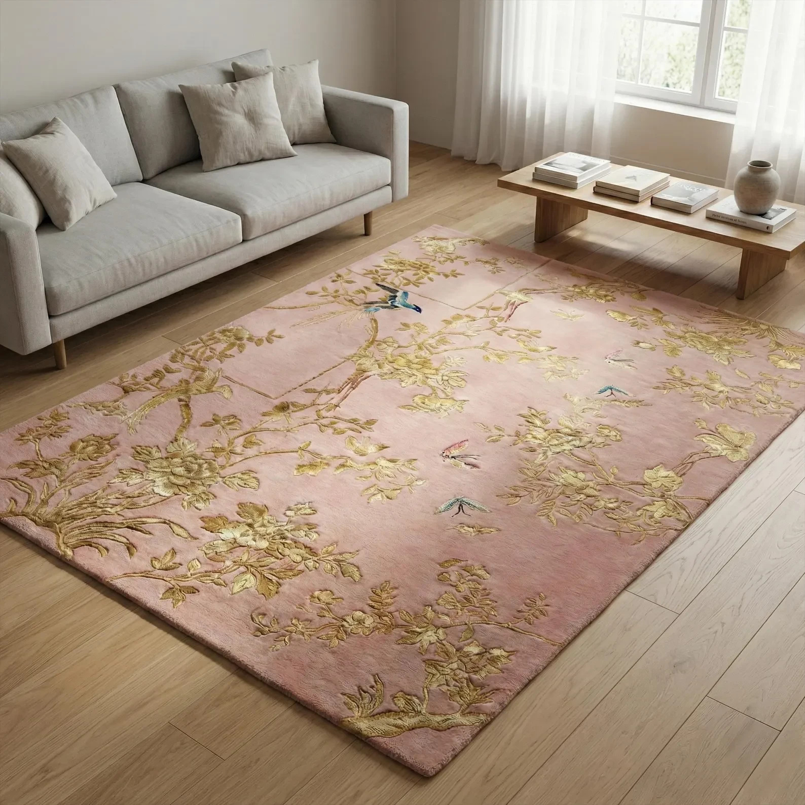 Pink Gold Floral Wool Rug, Hand Tufted Nature Inspired Area Rugs modern 8×10
