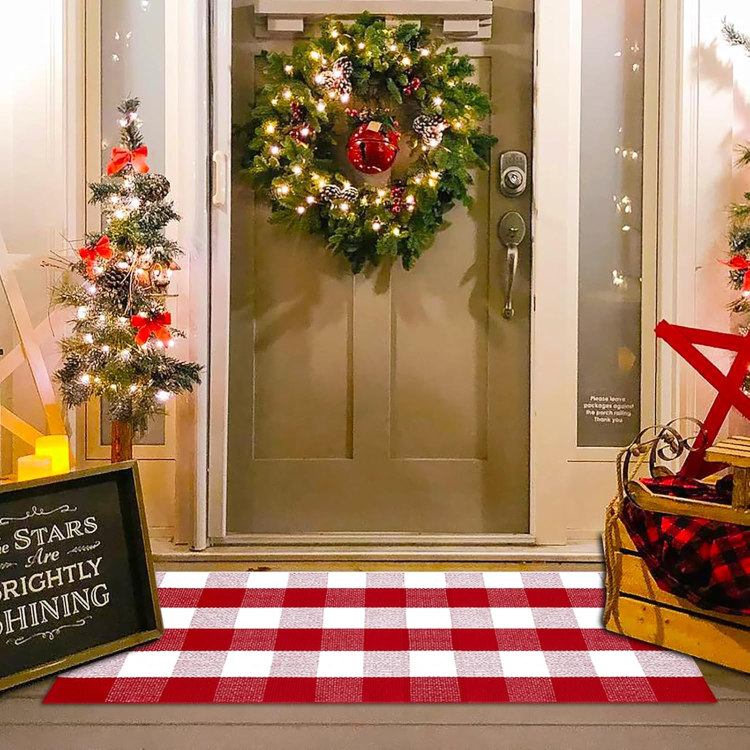 Christmas Red and White Plaid Rug, 3′ X 5′ Cotton Hand-Woven Layered Door Mat fo