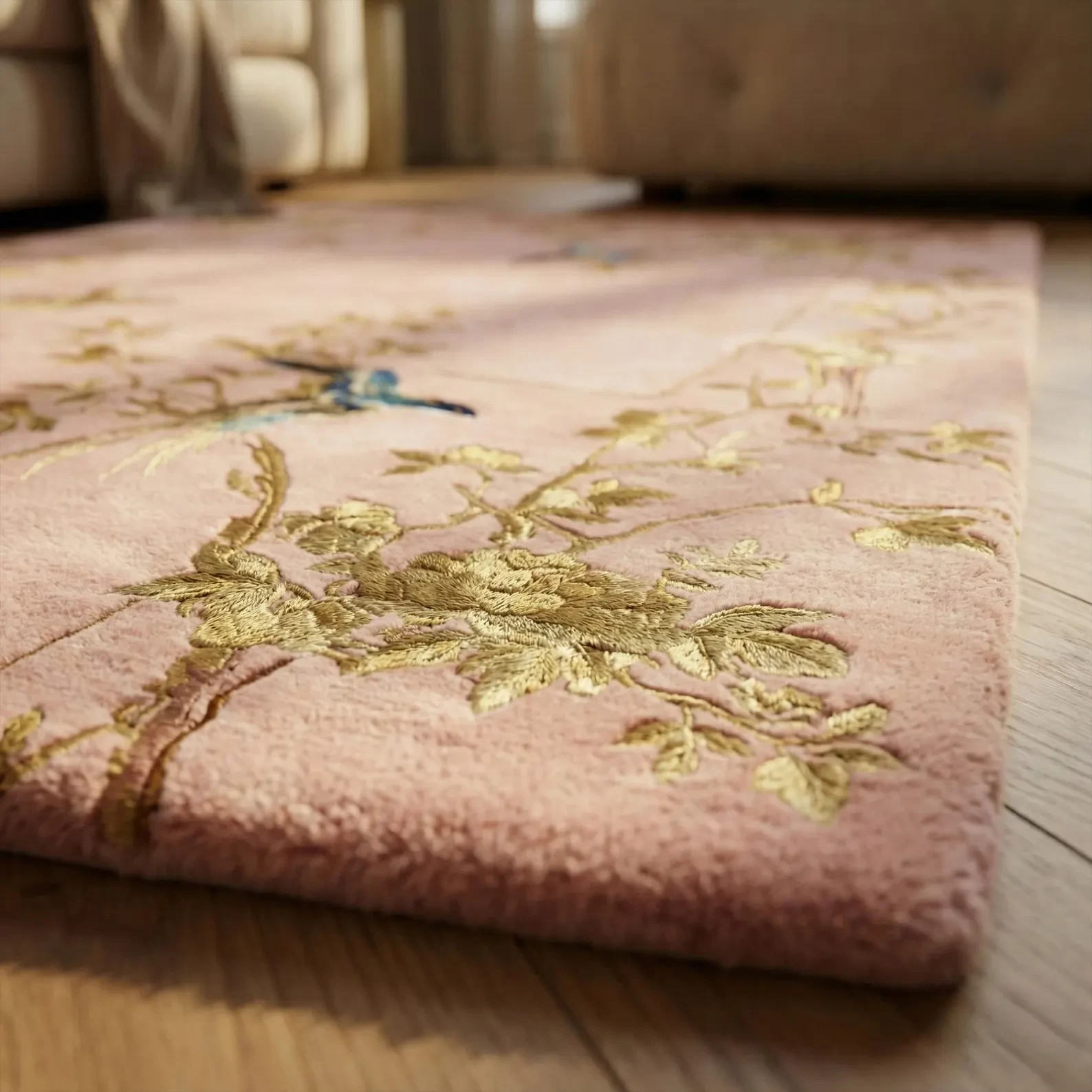 Pink Gold Floral Wool Rug, Hand Tufted Nature Inspired Area Rugs modern 8×10