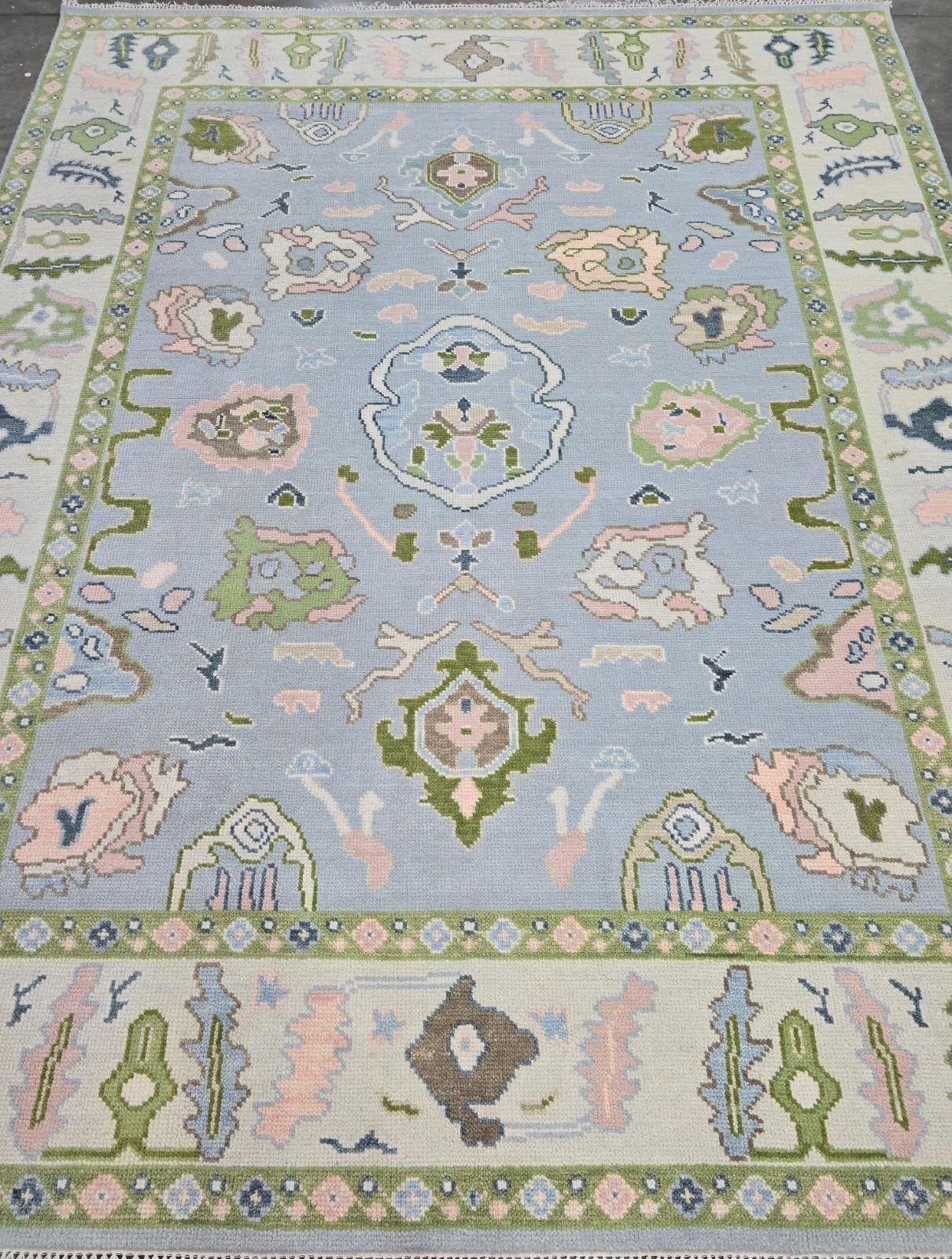 Hand-Knotted Ivory Oushak Wool Rug: Pastel Floral Area Rug33