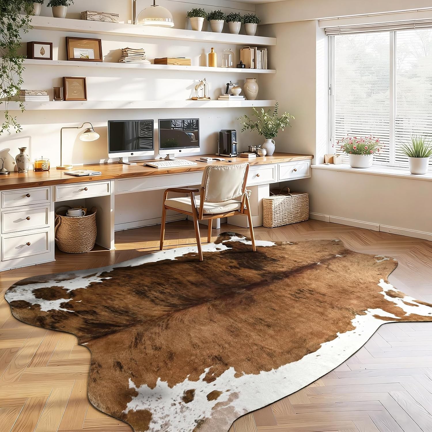 Faux Cowhide Print Rug for Living Room, 4.6 x 5.2 ft Brown Western Animal Cow Hi
