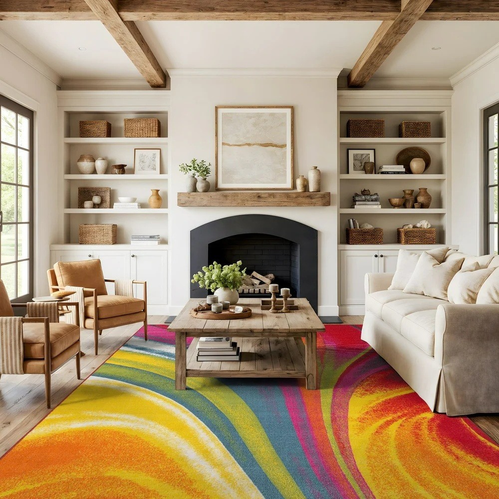 Bold Vibrant Abstract Area Rug Modern Colorful Swirl Home Decor Carpet Rainbow