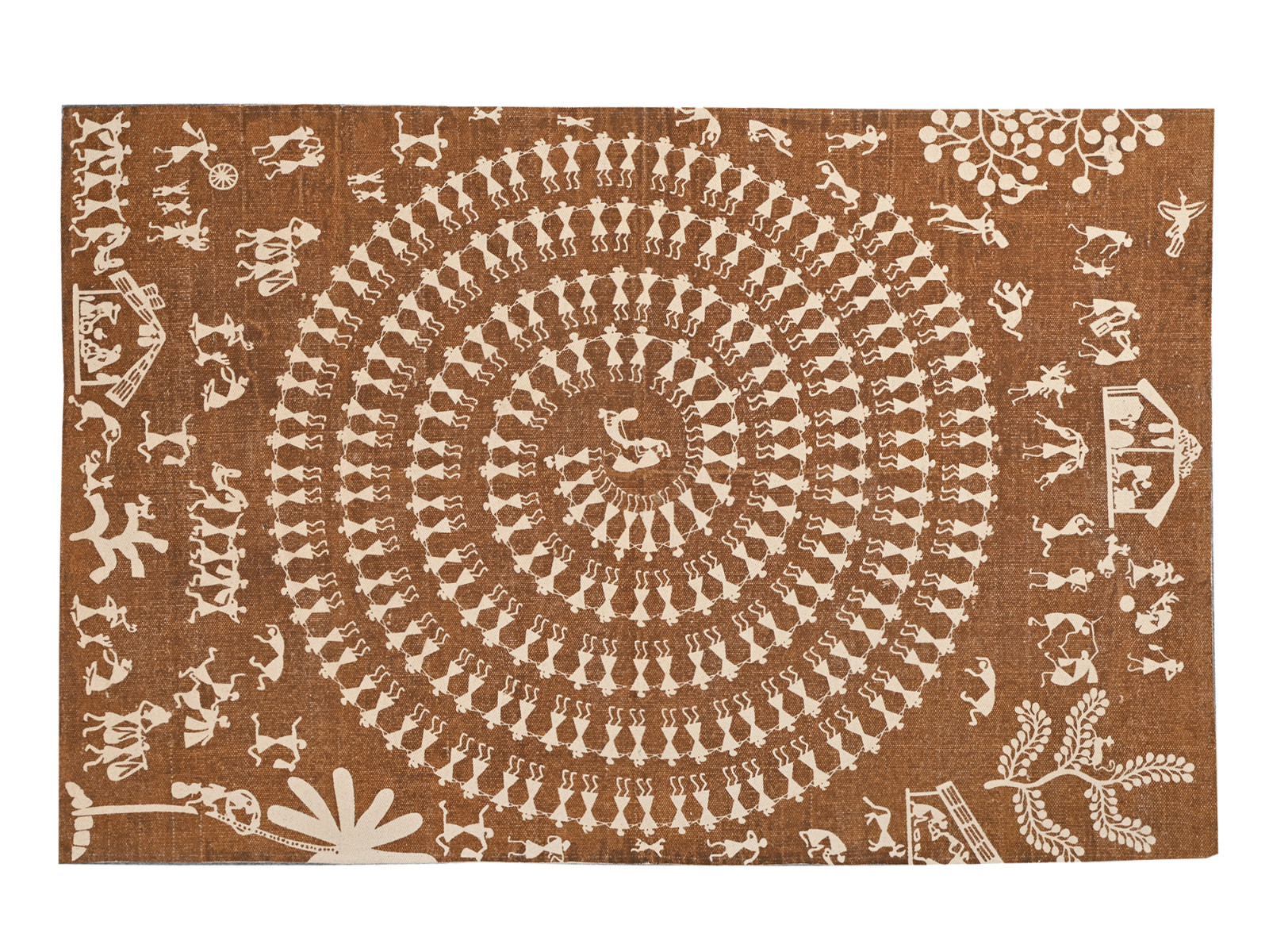 Hand Block Printed Warli Tribal Cotton Area Rug Brown Boho Flatweave Carpet 4×6