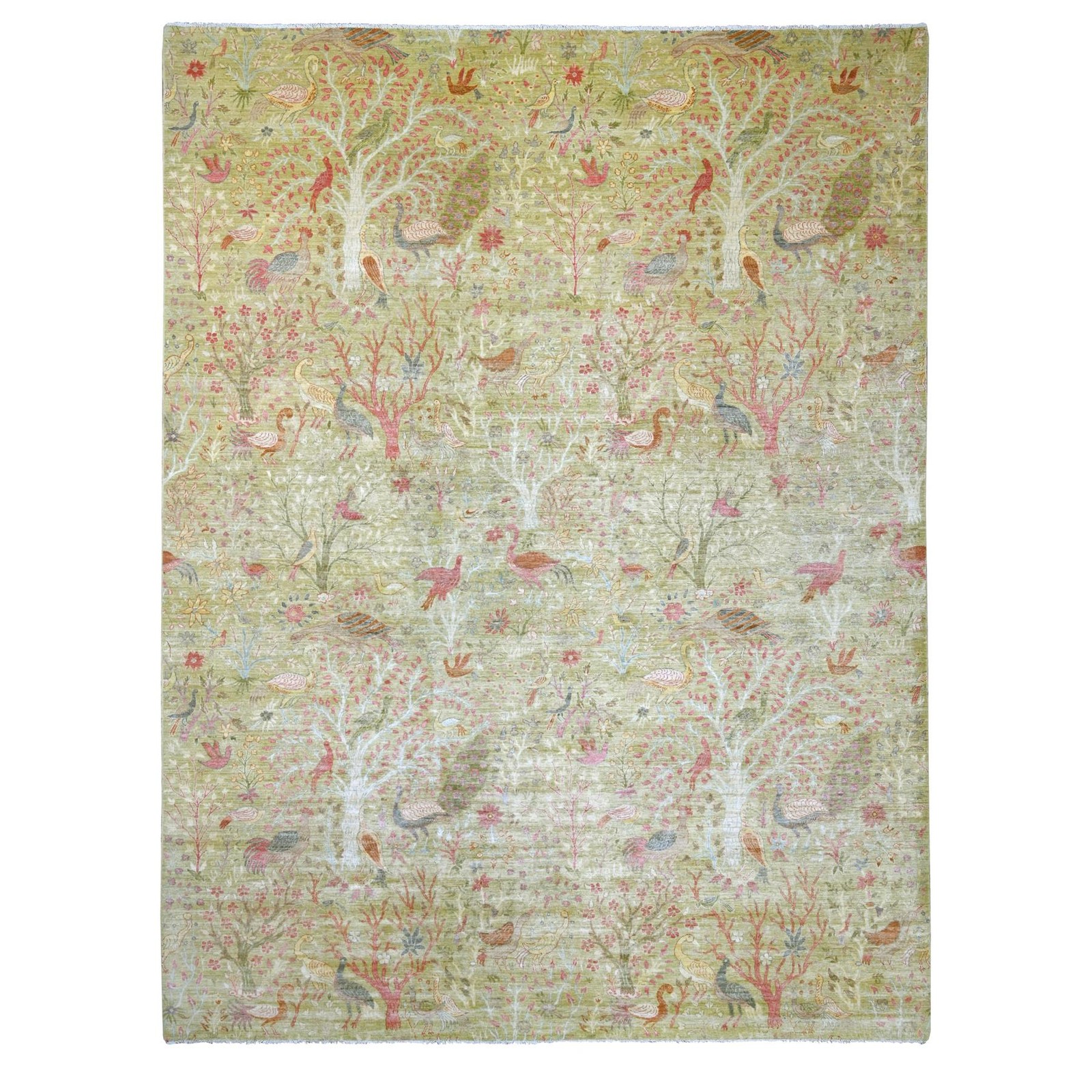 12’x15’8″ Green Peshawar Birds of Paradise Design Soft Wool Hand Knotted XL Rug
