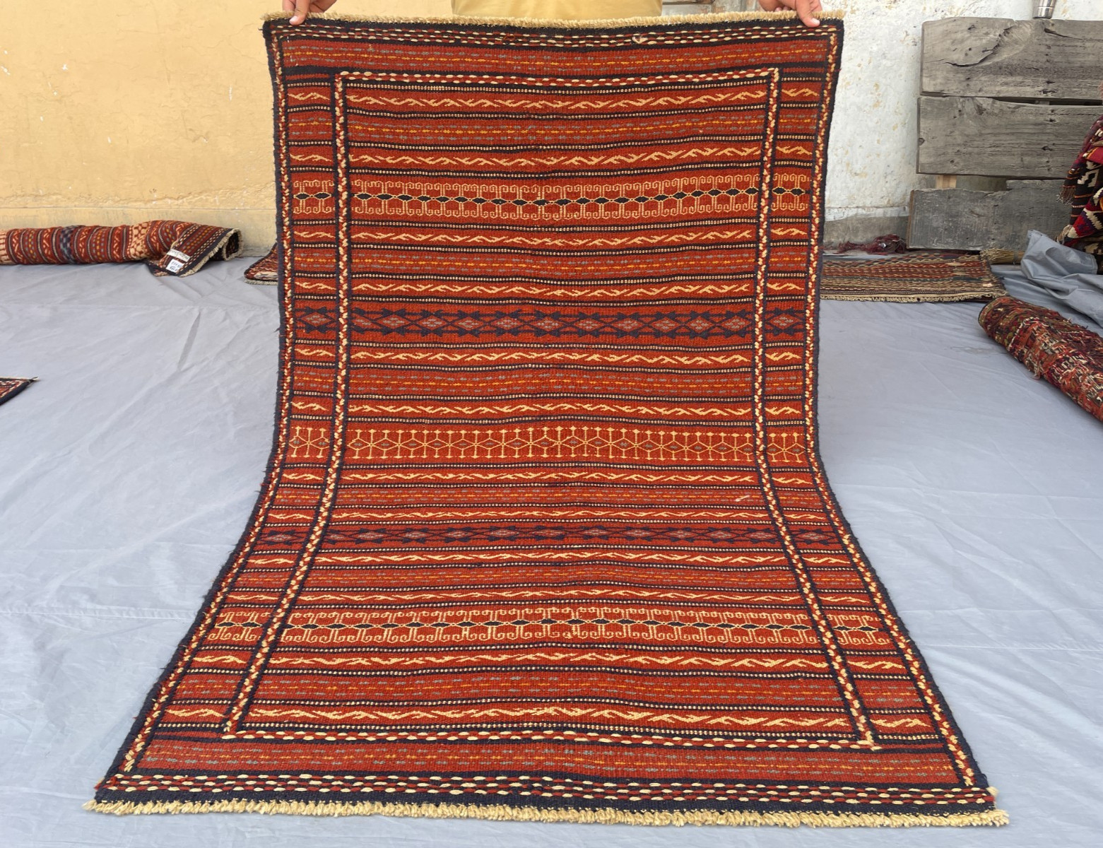 3’5 x 5’3 Ft “Tribal Kilim Rug – Vintage Afghan Red and Blue Geometric Wool Noma