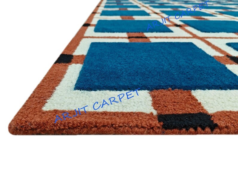 Modern Geometric Hand-Tufted Wool Rug – Bold Grid Pattern Area Living Room