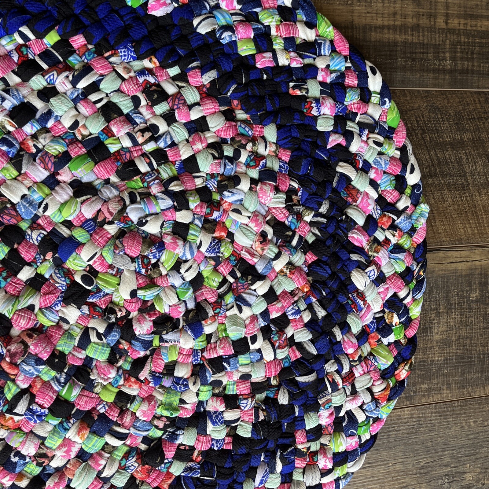 Homemade Braided Rug, Made With Knit, Washable, Blue/White/Pink, 40”L x 29”W NEW