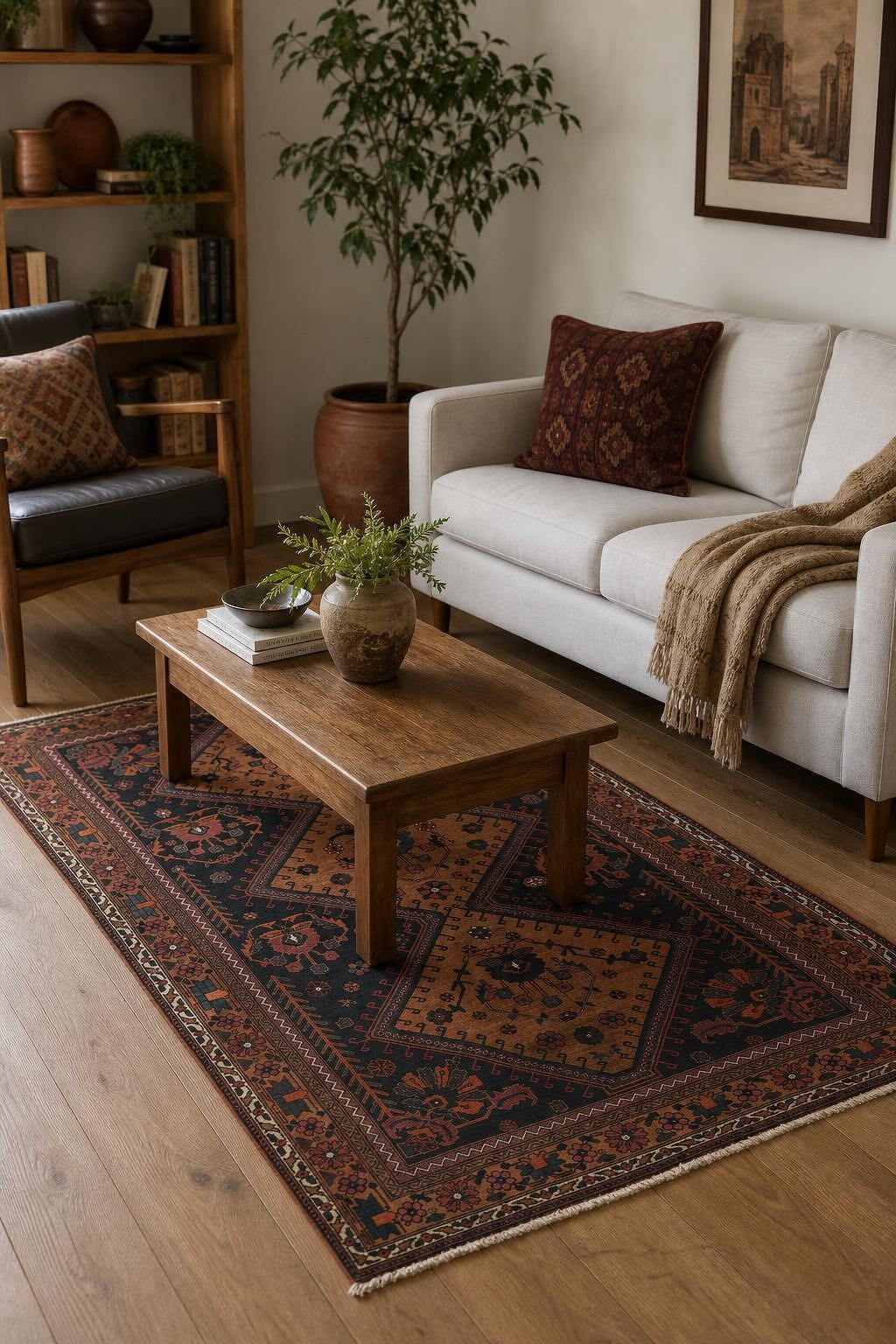5×8 Hand-Knotted Wool Area Rug in Medallion Tribal Oranges & Navy Blue Hues