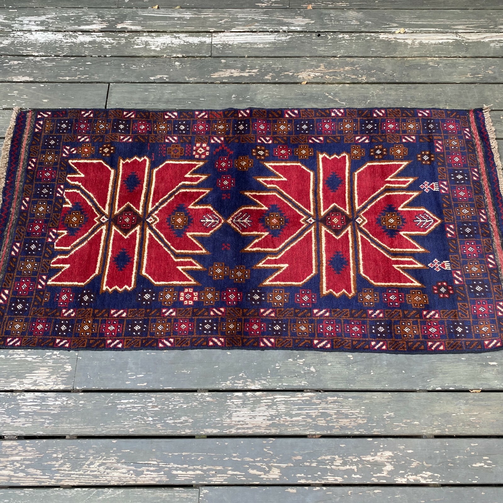 Handmade Afghan Kazakh Rug 100% Camel Hair, Tribal Design, Bright Blue & Red 4×6