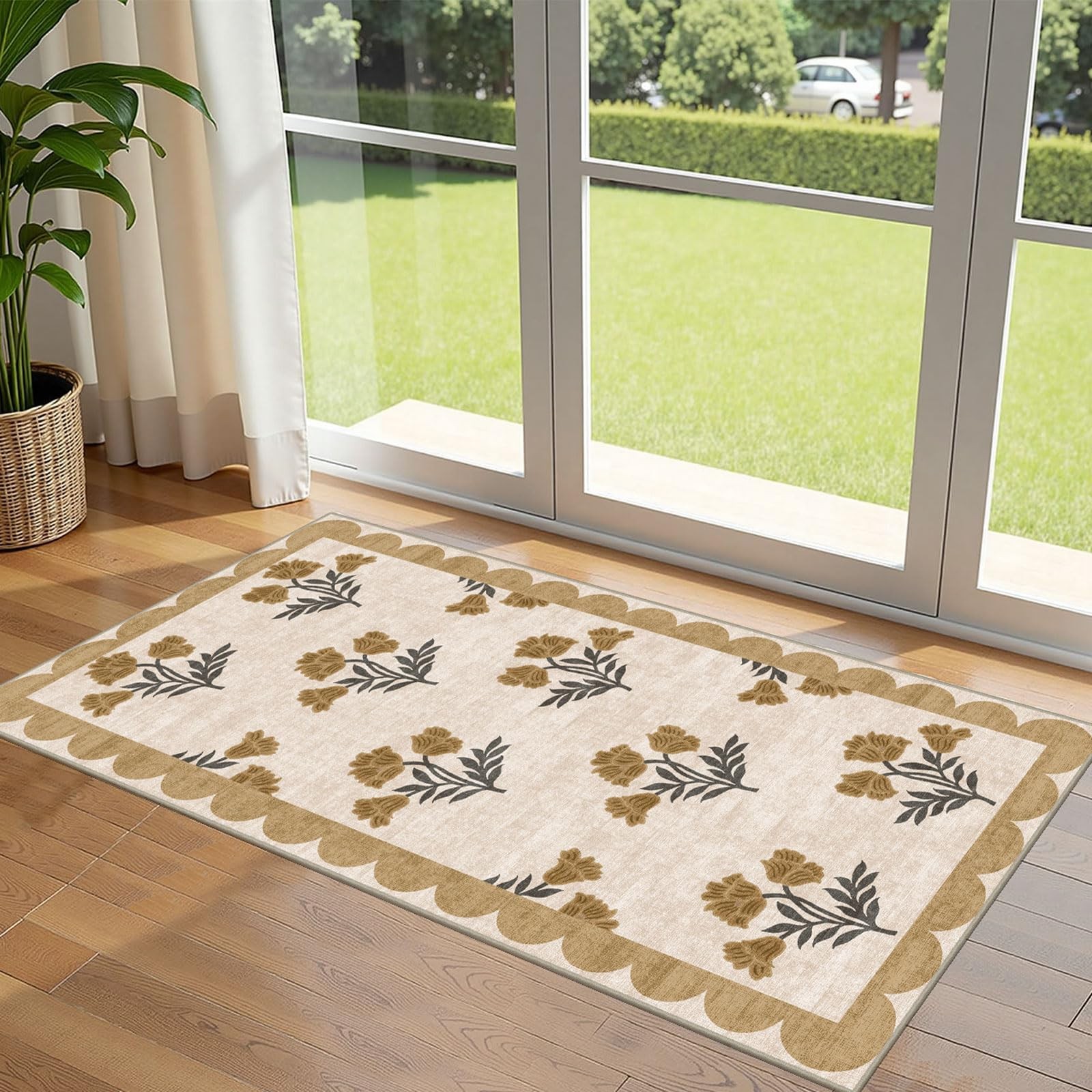 Front Door Mat Indoor Entrance 2×4.3 Ft Floral Washable Layered Doormat Outd…
