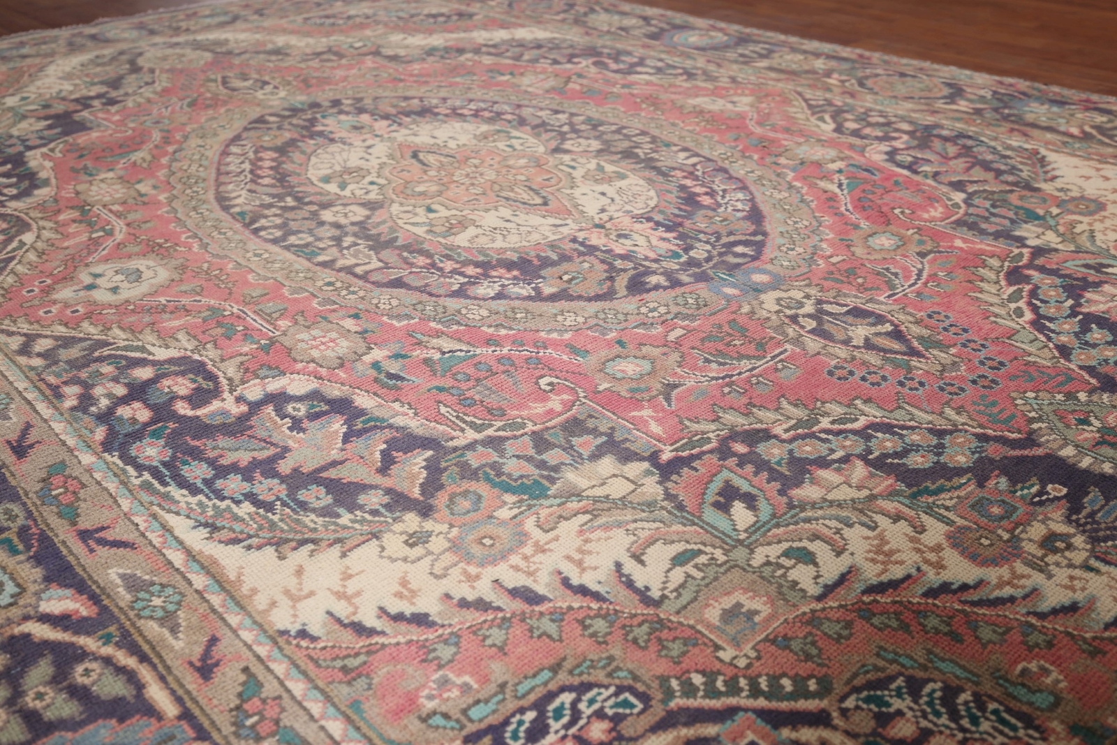 Vintage Pink/ Navy Blue Wool Tebriz Area Rug 7×9 Traditional Living Room Carpet