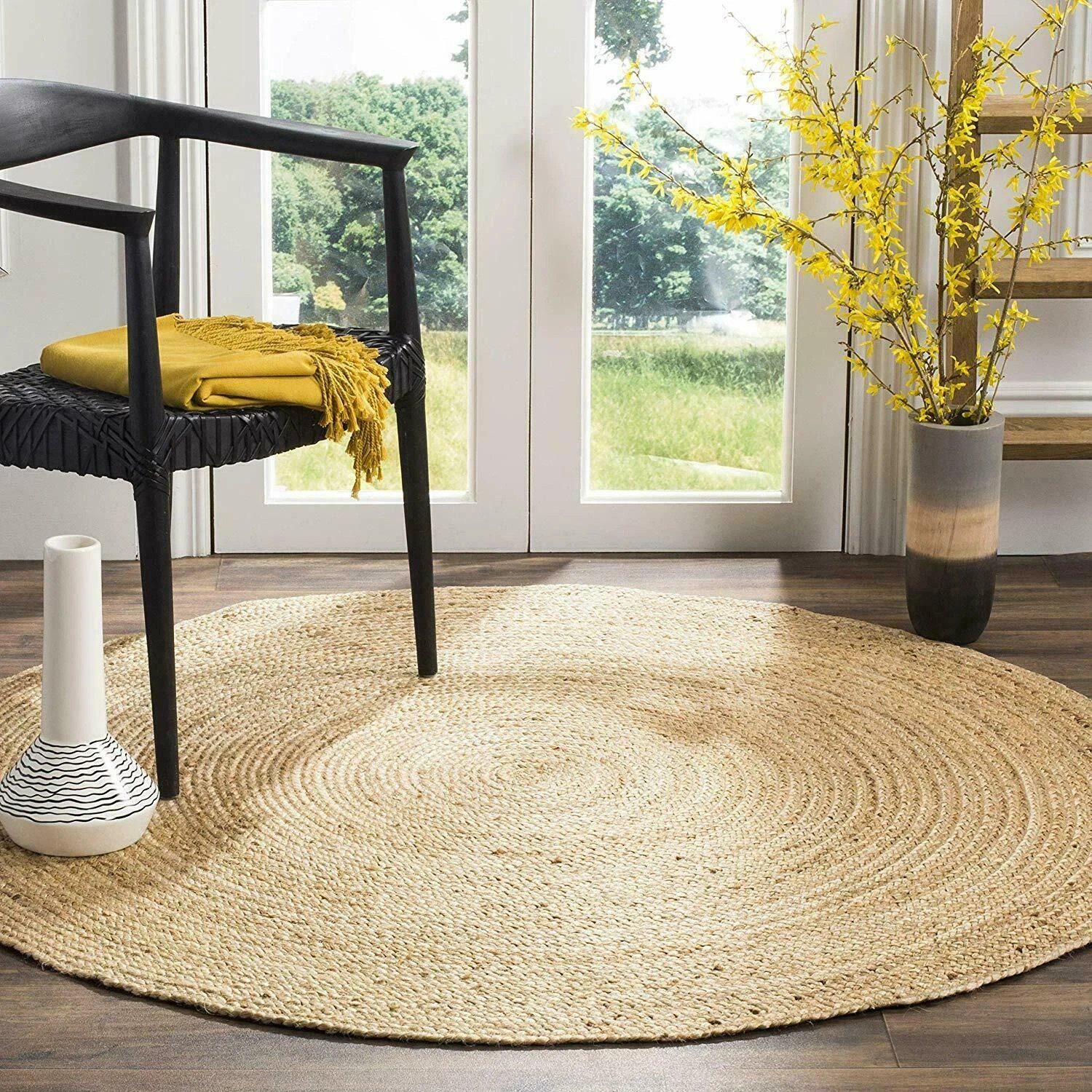 Rug Round 100% Natural Jute Hand Braided Style Reversible Modern Rustic Look Rug
