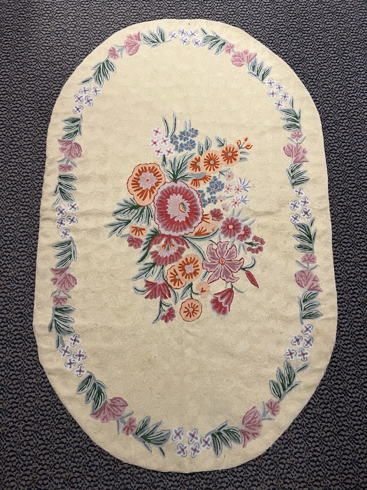 Vtg VHTF Ralph Lauren Blue Label Wool Chainstitch Floral Rug 30X48” Oval