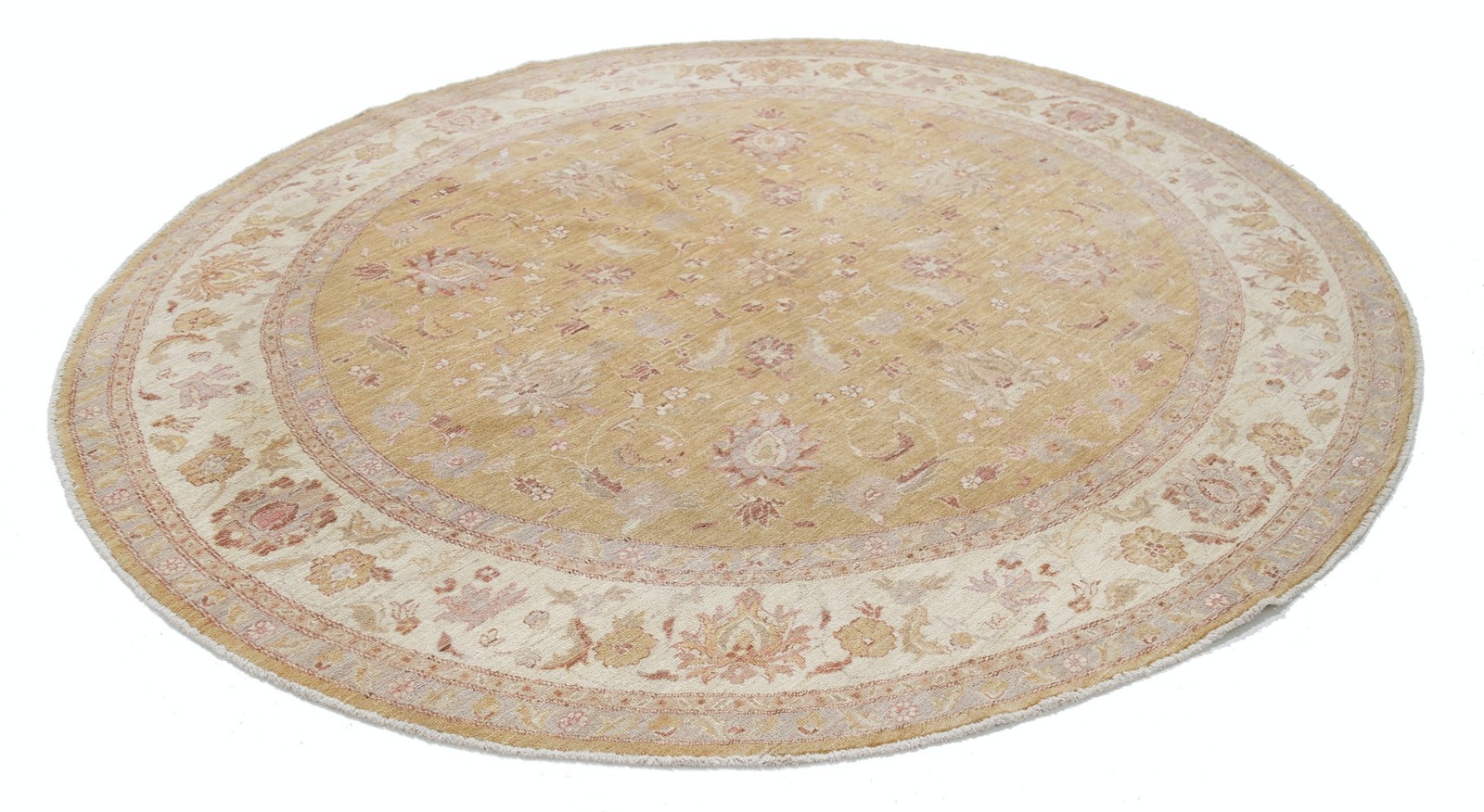 8×7 ft Handmade Beige, Gold, Blush Round Rug. Traditional Floral Circle Carpet