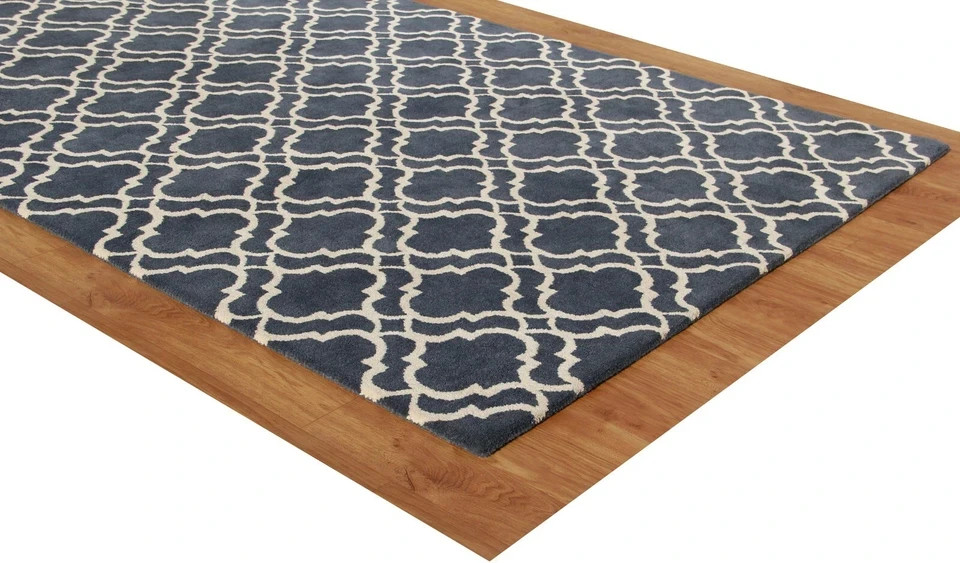New Ryann Scroll Tile Indigo Blue Modern Hand-Tufted 100% Wool Area Rug Carpet