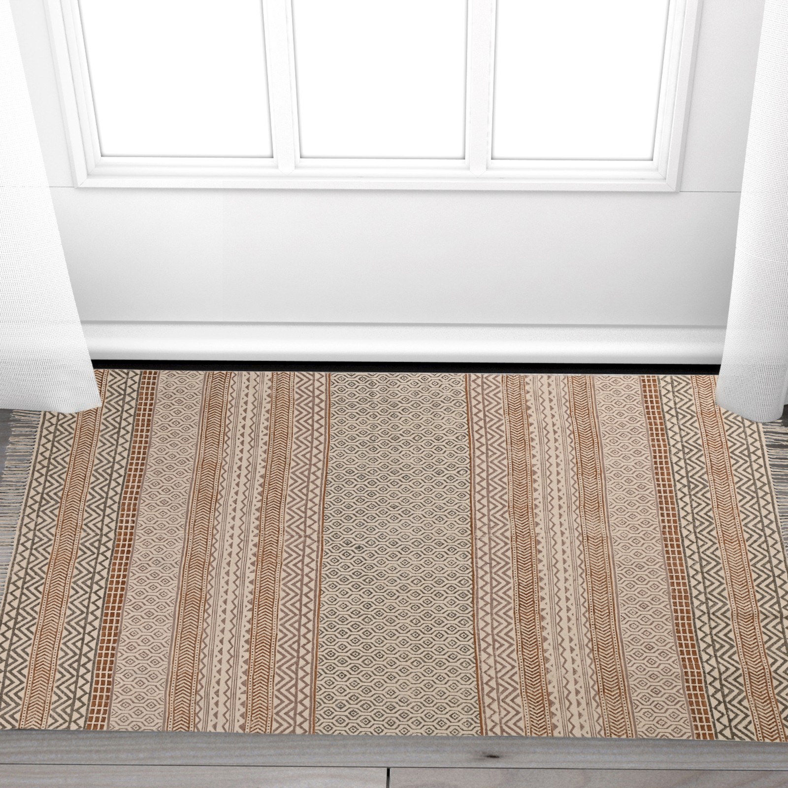 Beige Brown Hand Block Print Cotton Area Rug Boho Farmhouse Carpet Fringe Rug