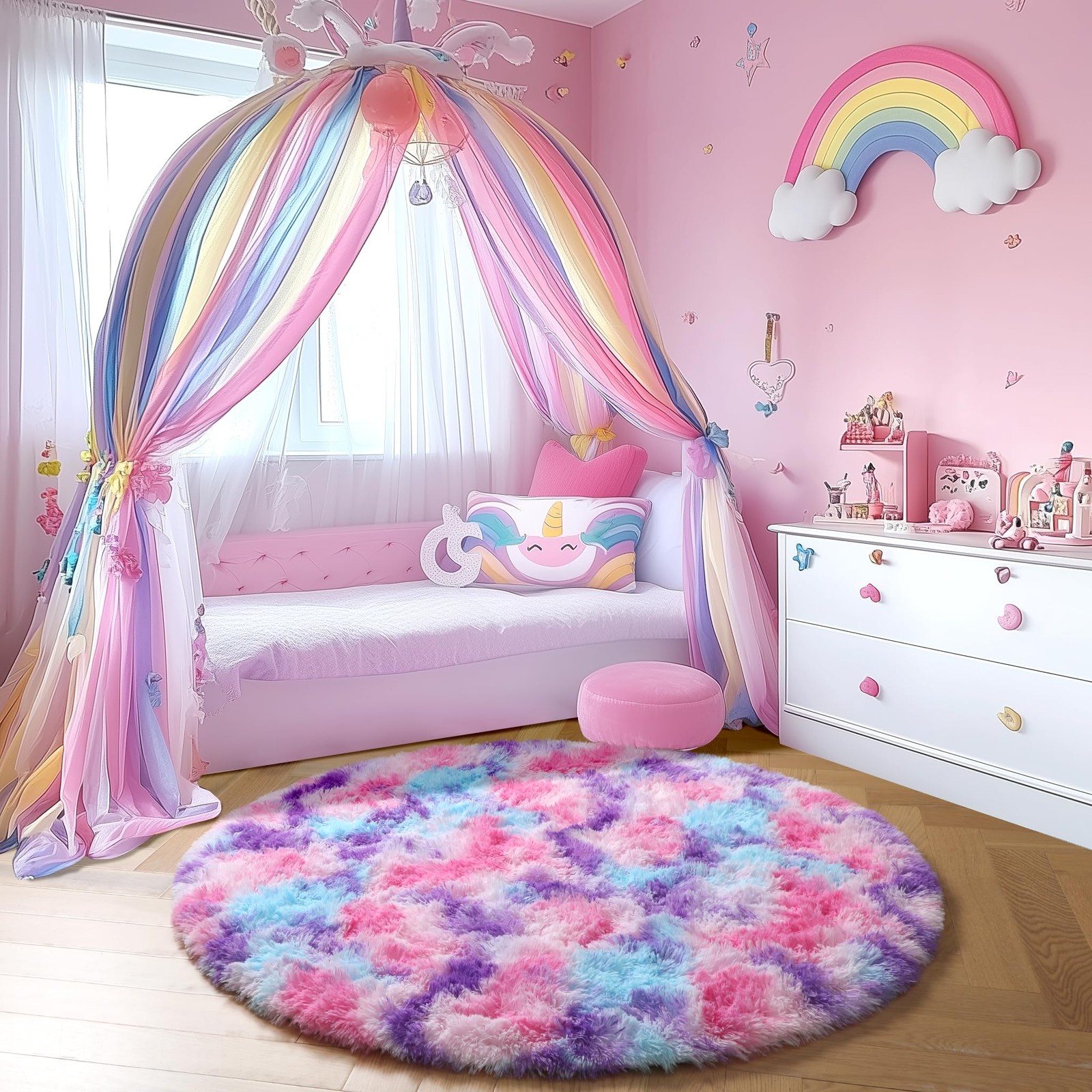 Amdrebio Hot Pink Rainbow Round Circle Area Rug 4Ft for Girls Bedroom, Fluffy