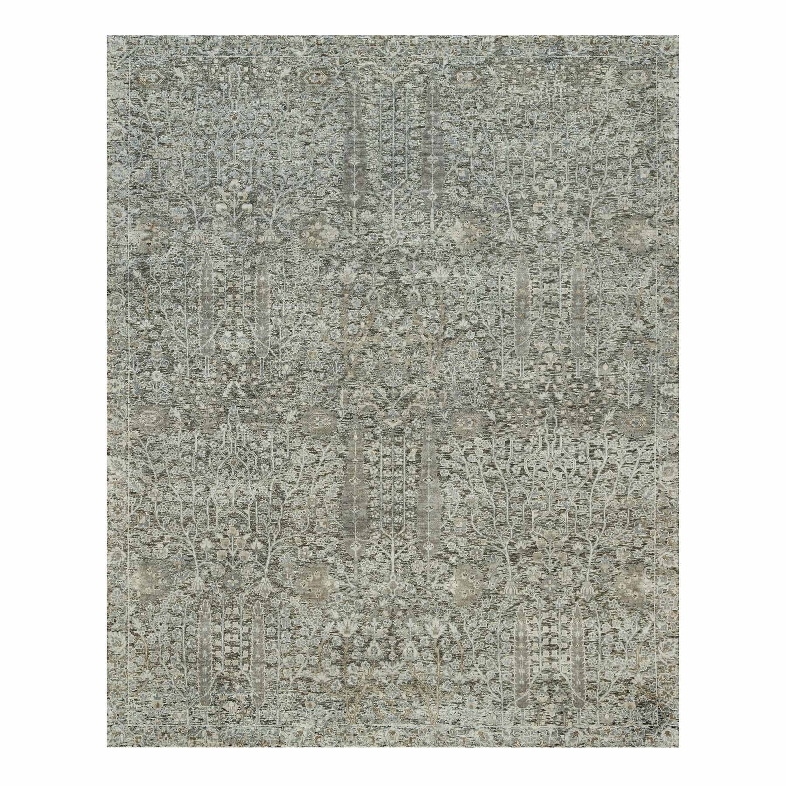8’1″x10’1″ Gray Willow and Cypress Tree Hand Knotted Silk and Wool Rug R90219