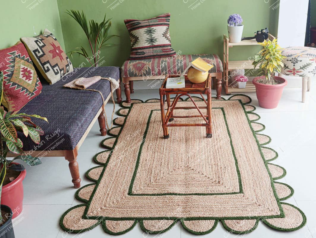 Chouhan Rugs 2×3 Green Scalloped Jute Hand Braided Runner Rug