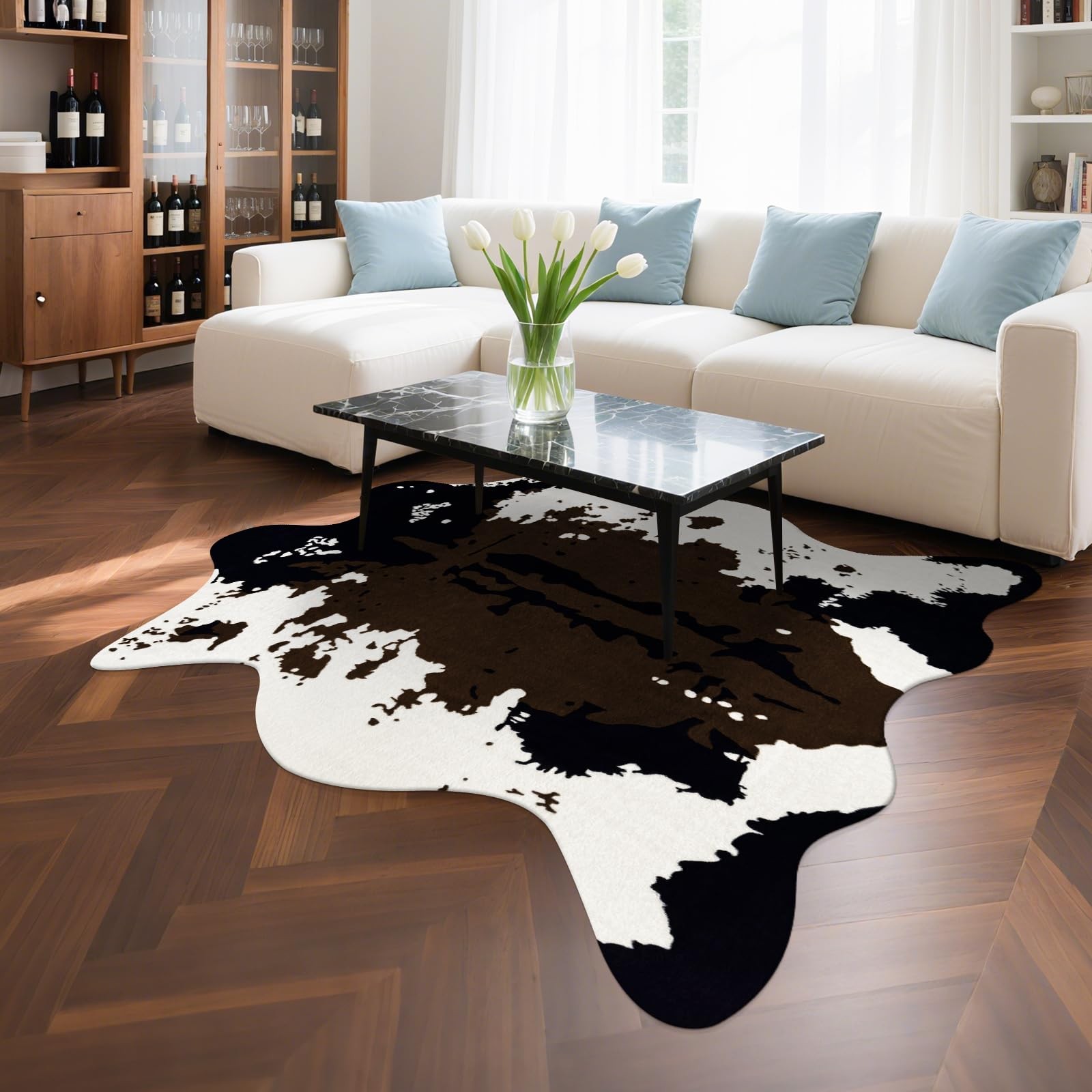 Faux Fur Cowhide Cow Rug 4.6 x 5.2 Ft Large Print Animal Hide Mat Decor