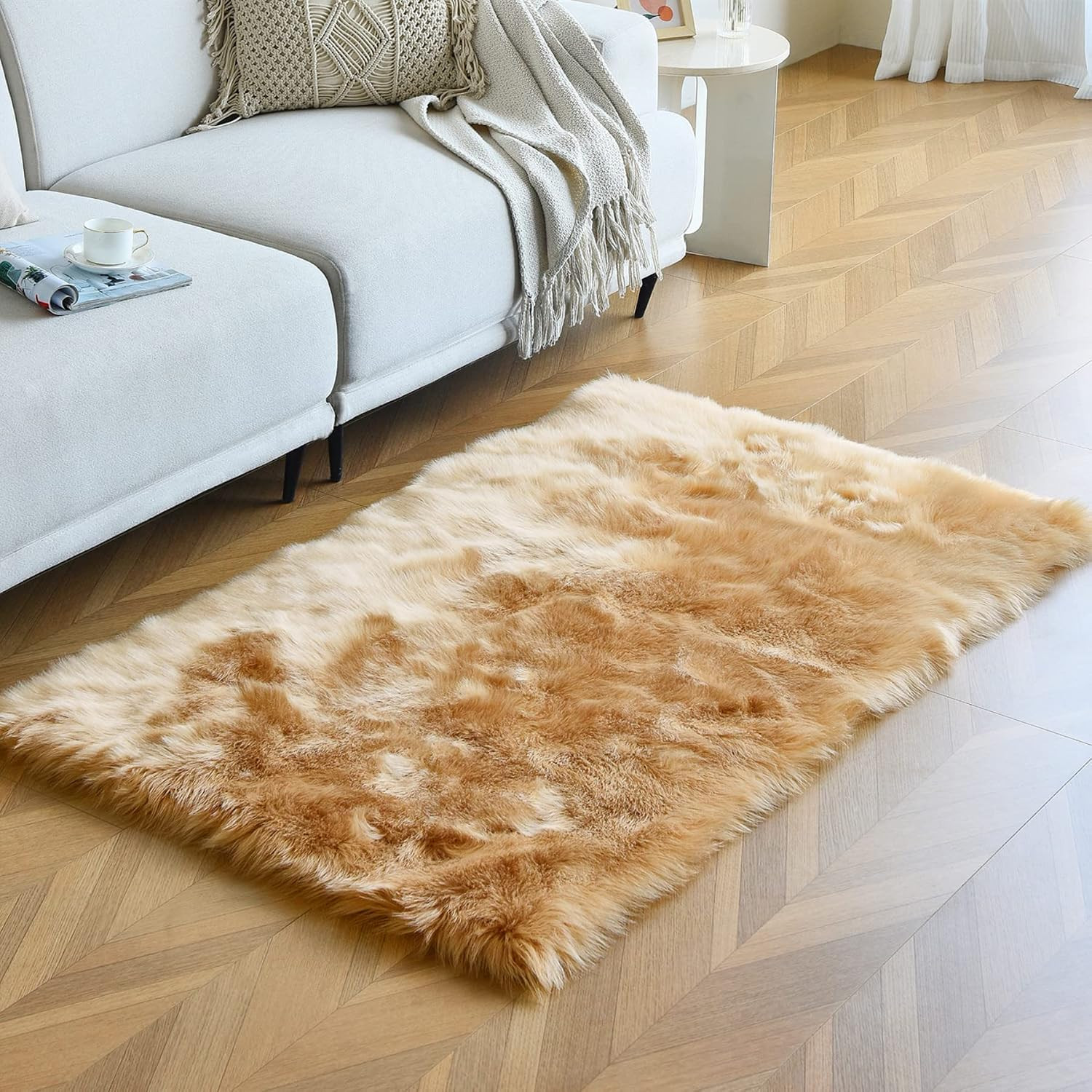 Beige Faux Sheepskin Throw Rug 2X3 Ft, Small Fluffy Shag Fur Rug for Bedroom Kid