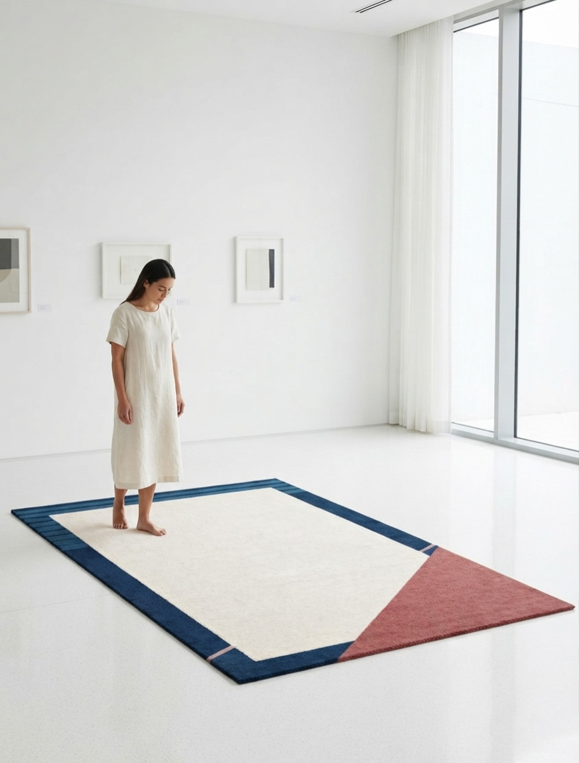 Hand Tufted Wool Area Rug Modern Geometric Ivory Navy Blue Custom Size