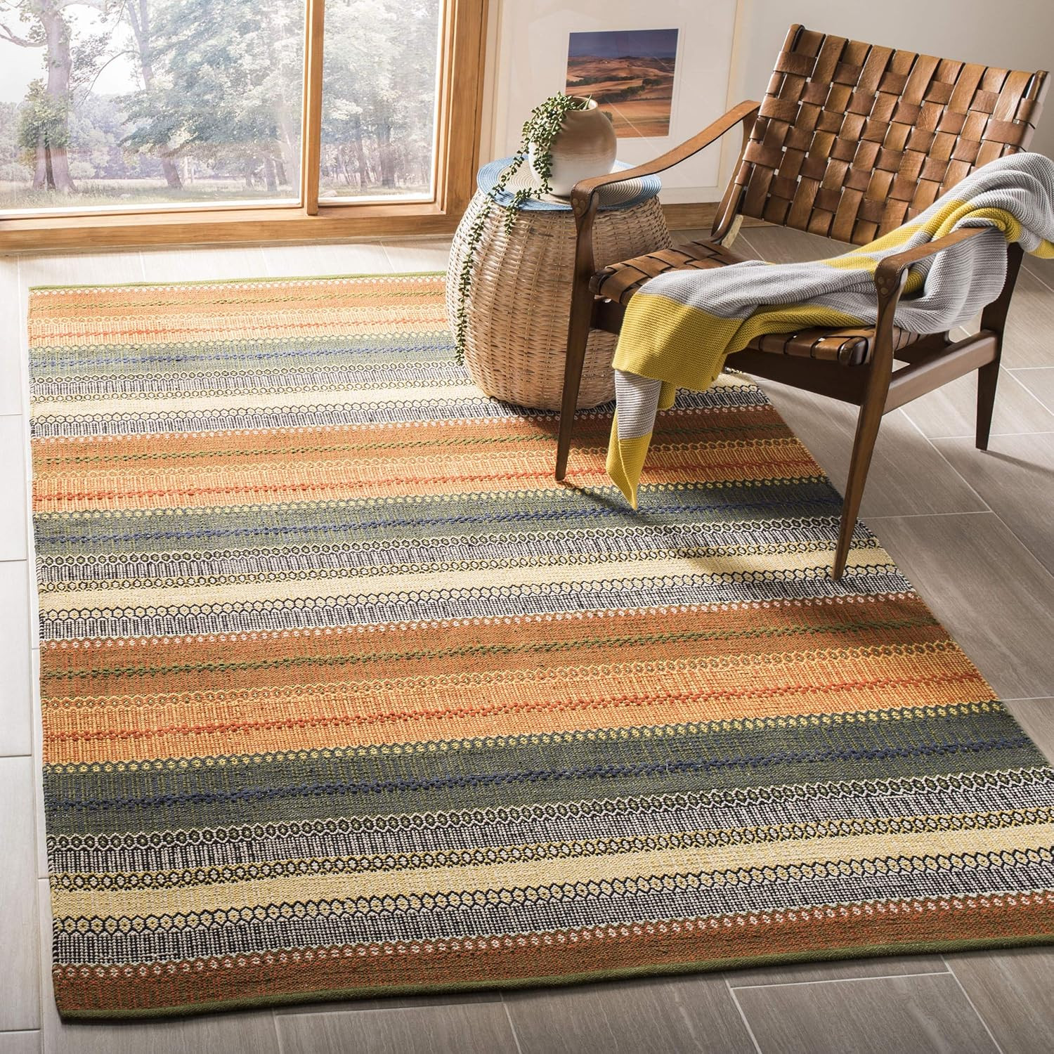 Handmade 8′ x 10′ Striped Kilim Cotton Area Rug in Gold and Grey