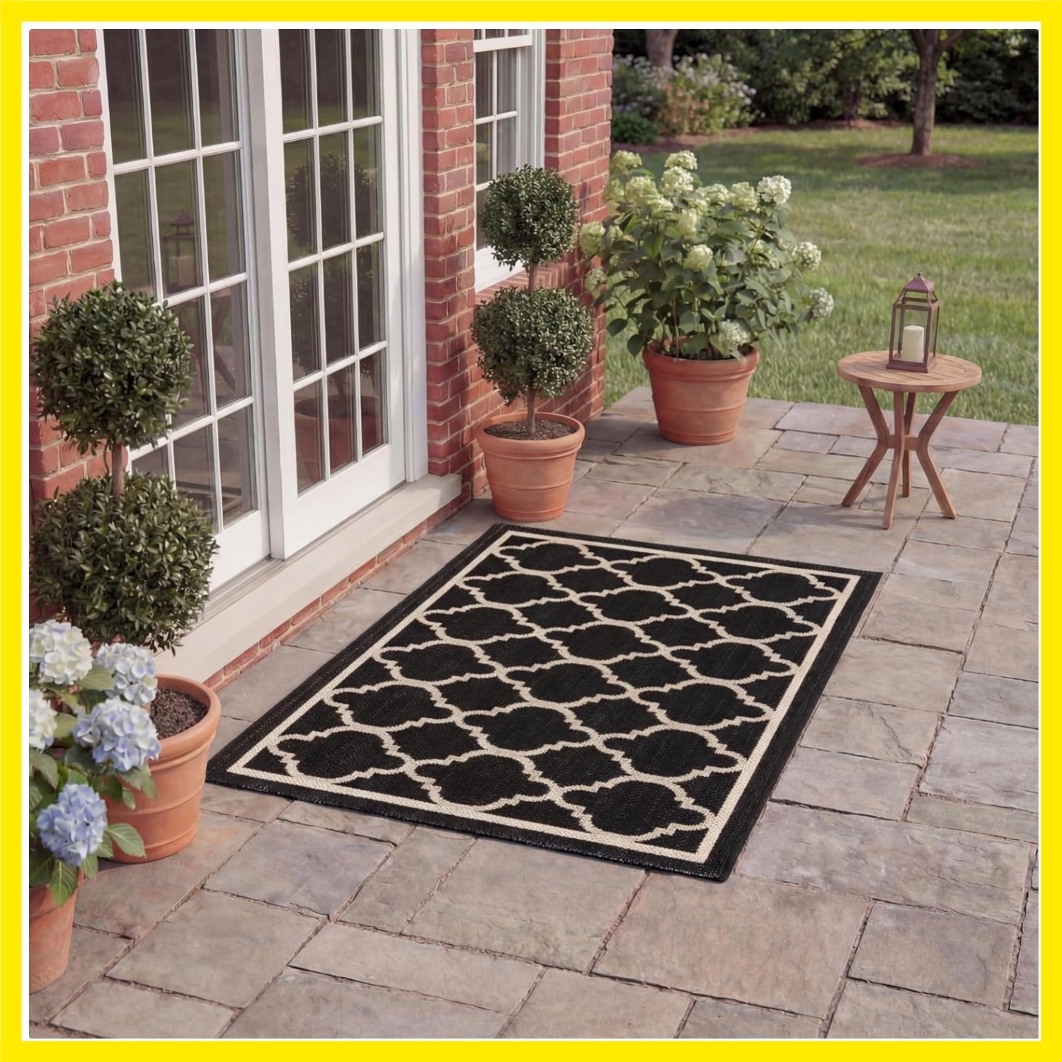Washable Rug Outdoor Courtyard Collection – 2′ x 3’7″, Black & Beige, Non-She…