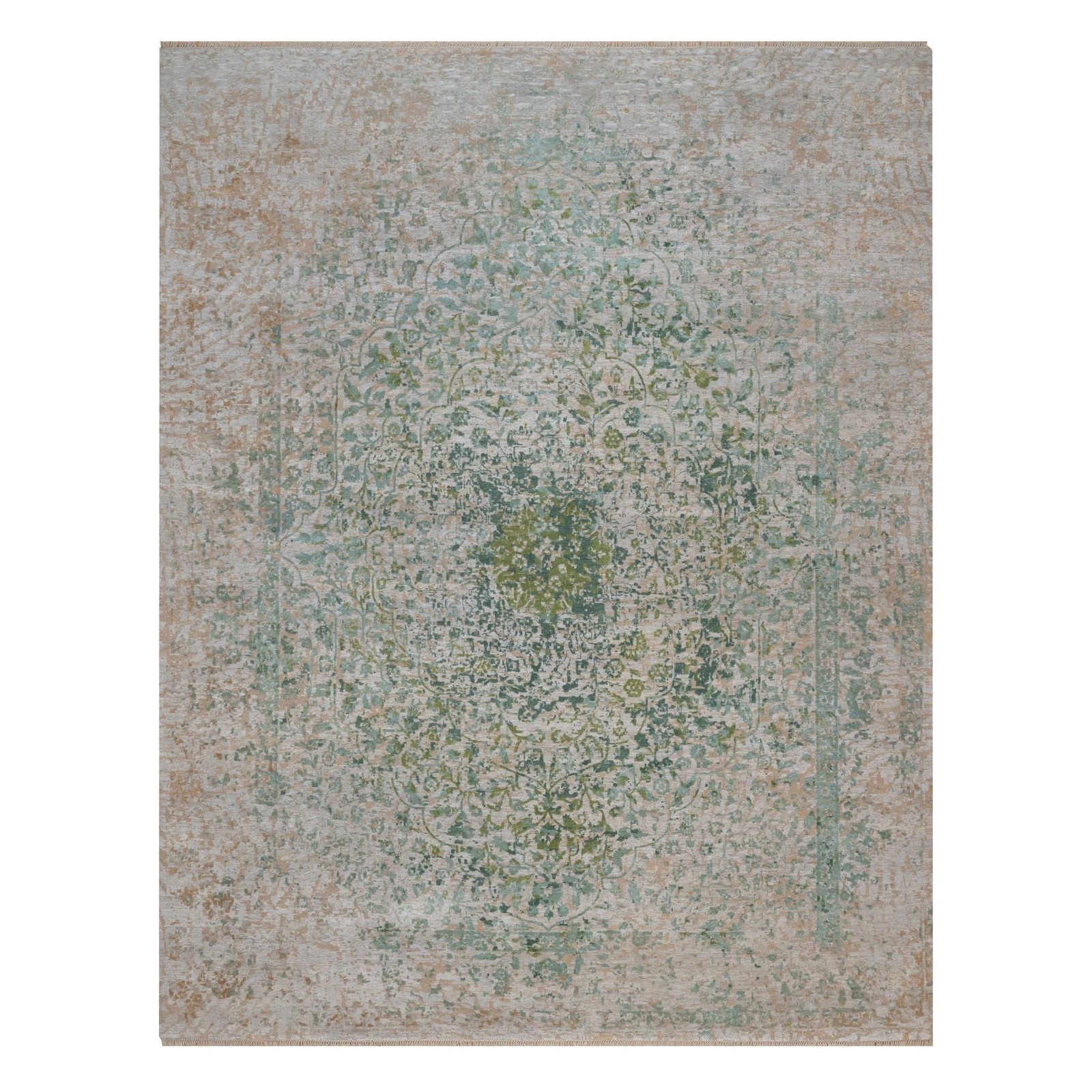 11’10″x15’1″ Green Erased Medallion Design Hand Knotted Wool & Silk XL Rug 92462
