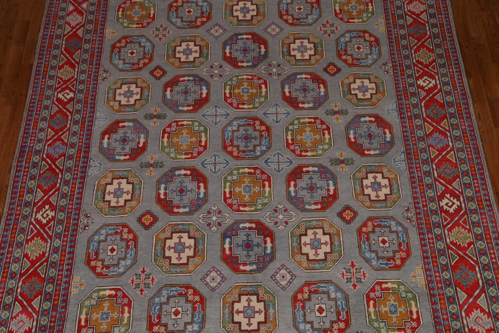 Light Blue Octagon Design Super Kazak Area Rug 8’x10′ For Dining Room Handmade