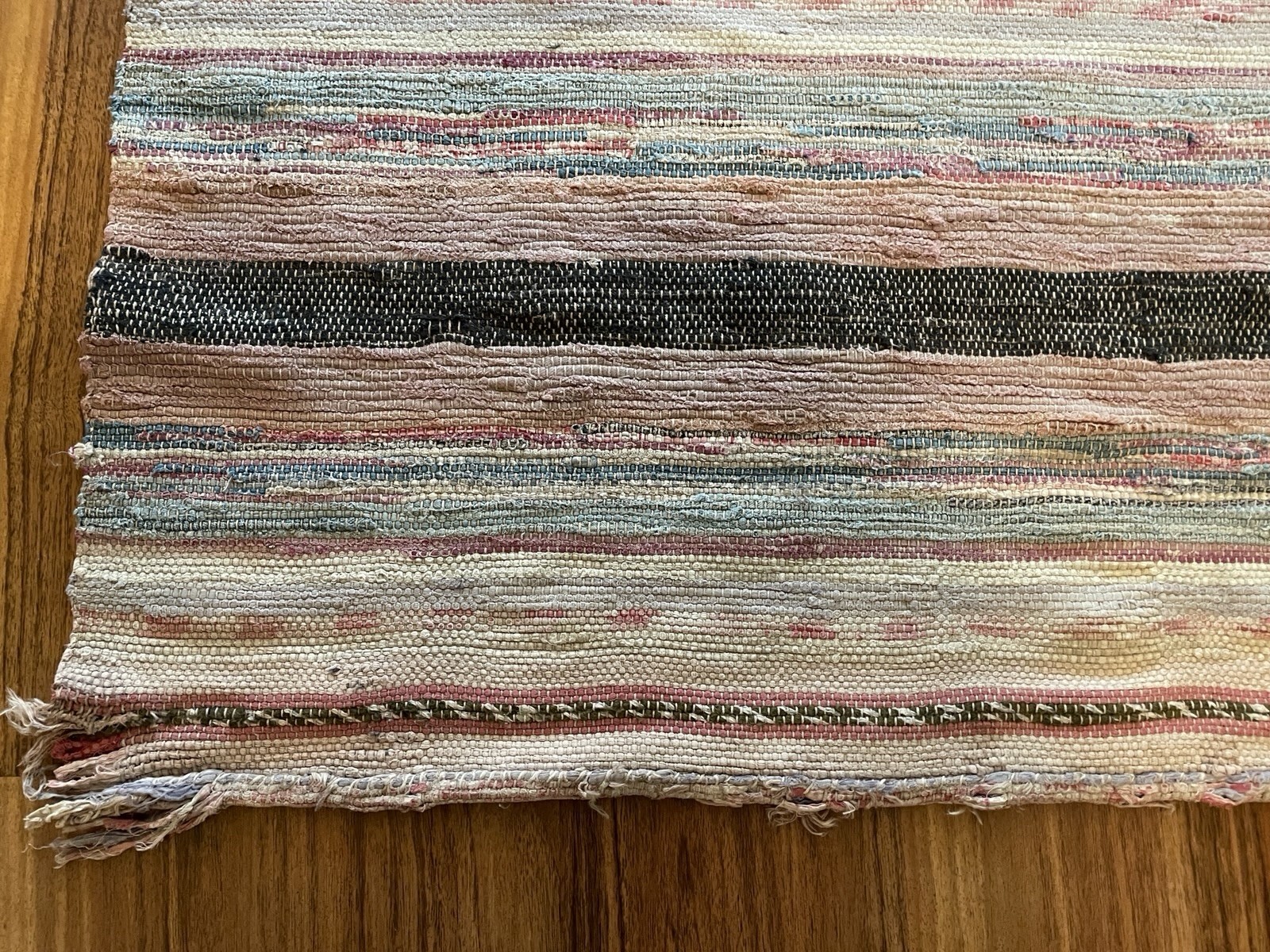 VTG Handmade Woven MCM Rag Rug 80×34 Farmhouse Country Blue Red Black Brown