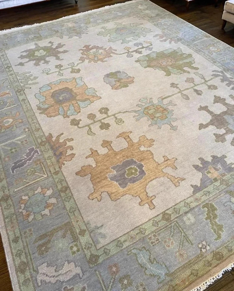 Hand-Knotted Oushak Rug [SIZE] Wool Area Rug Beige Blue Turkish Modern Carpet