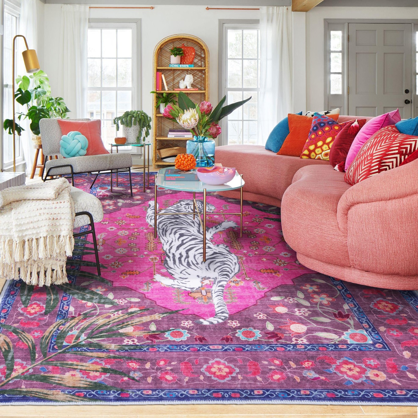 5×7 FT Leopard Rug for Living Room Hot Pink Leopard Vintage Animal Rug Aesthe…