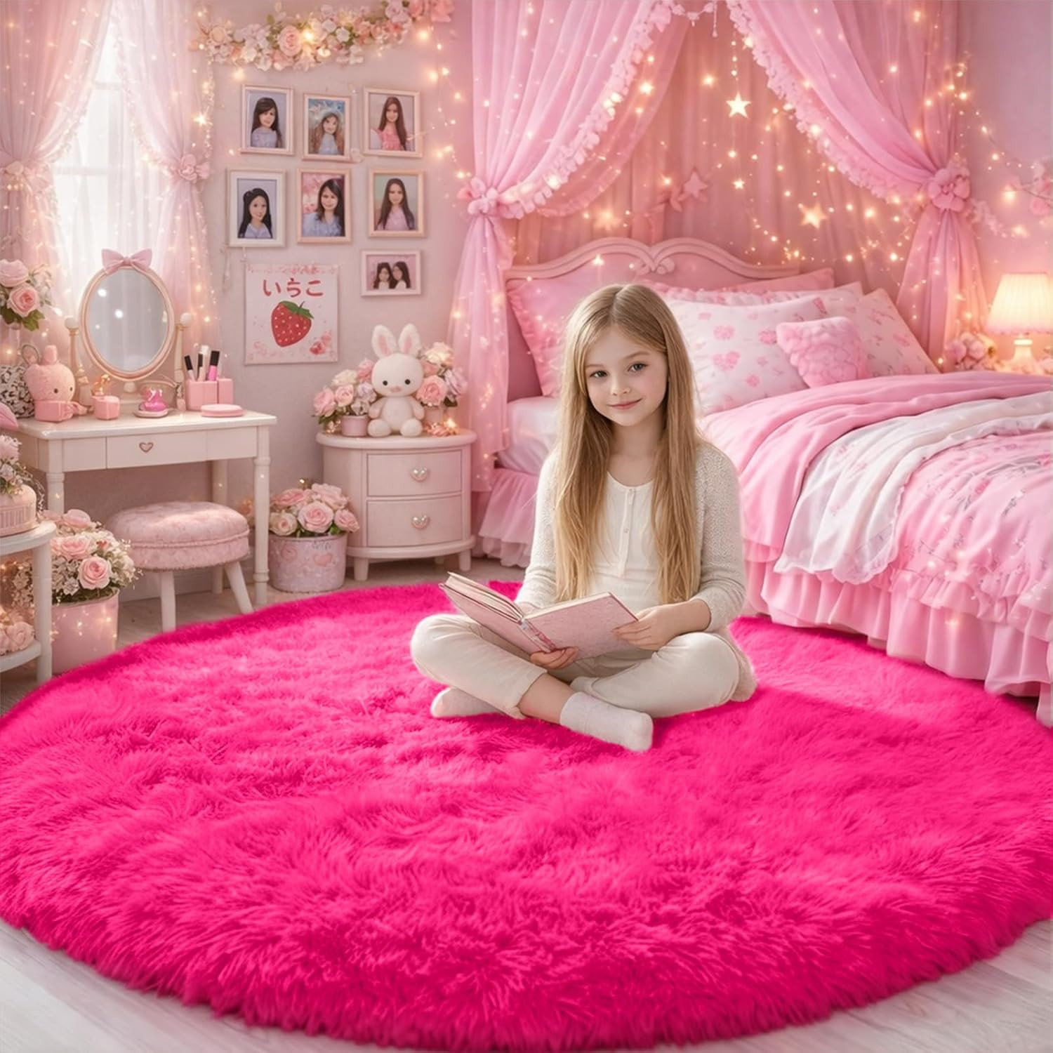 Grass Green round Rug 4Ft for Bedroom, Fluffy Shag Circle Area Rugs for Kids Roo