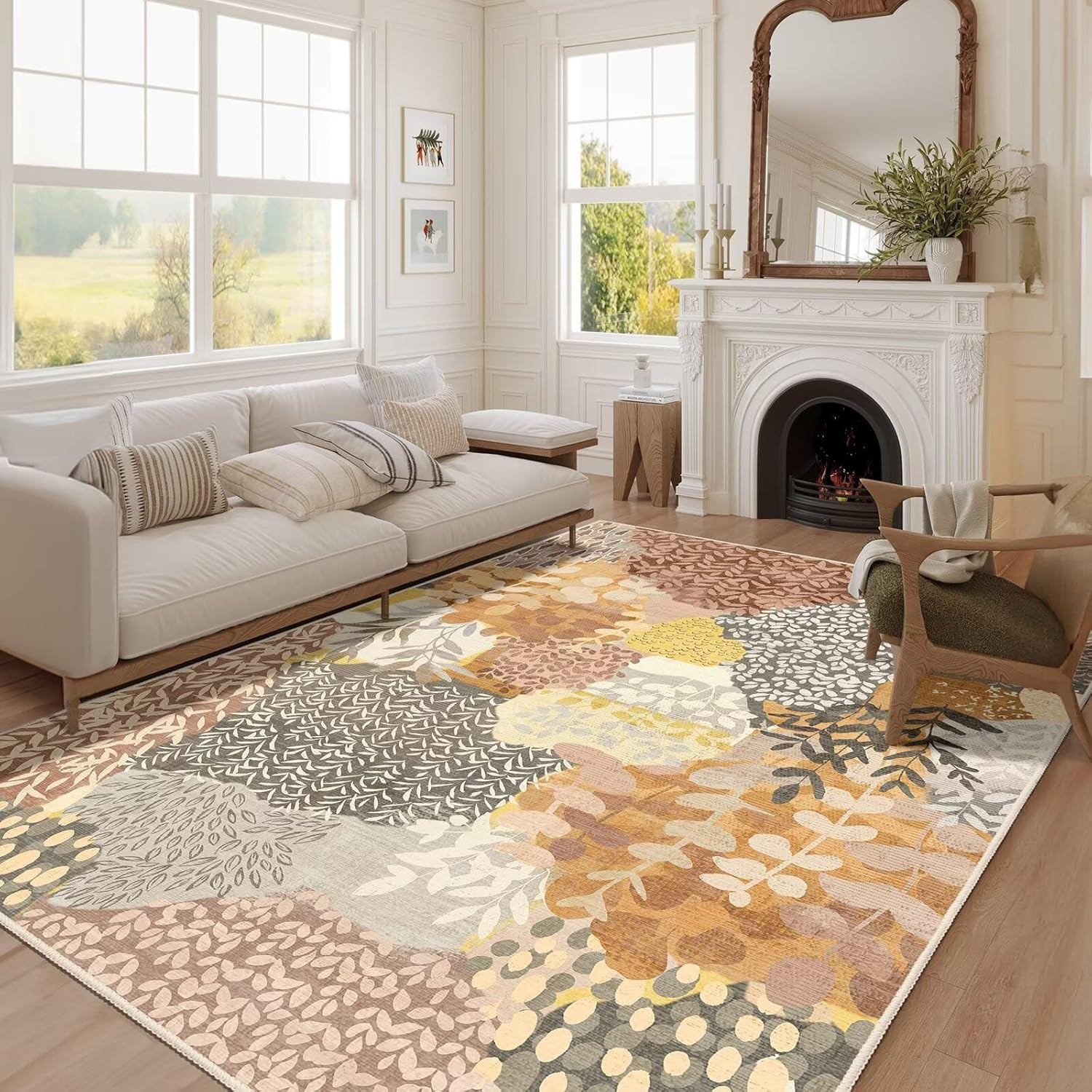 Washable Non-Slip 5X7 Boho Area Rug with Floral Leaves Print for Home & Office