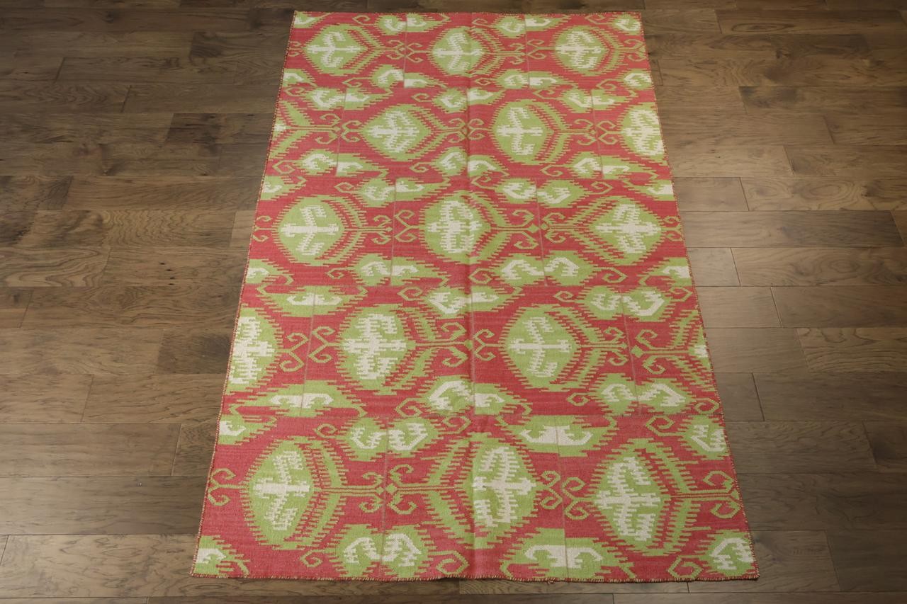 Flat-Weave Modern Pink & Sage Green 5×8 Hand-Knotted Wool Indian Wool Area Rug