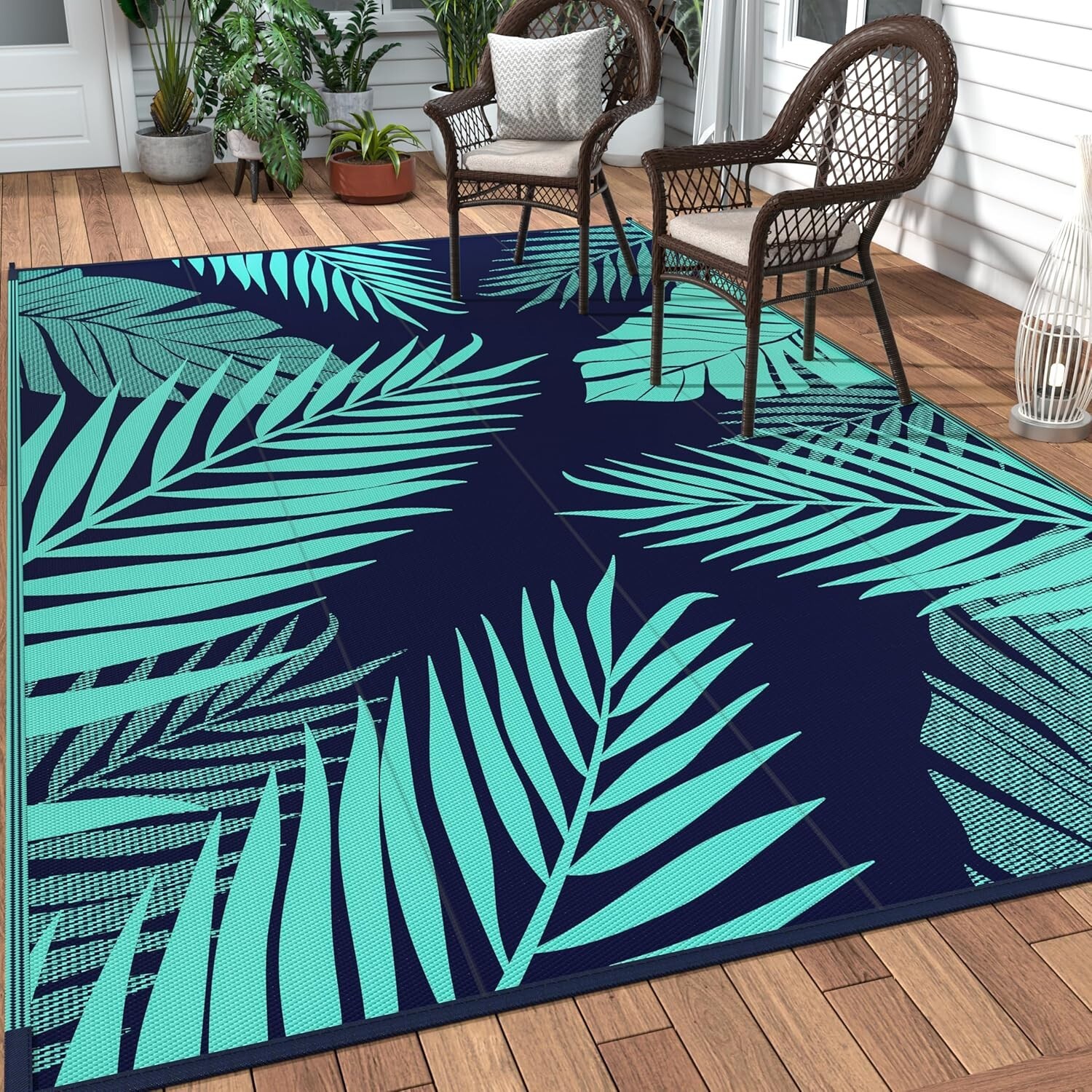 Reversible Navy Blue and Jade Green Weather Resistant Portable GENIMO Straw Rug