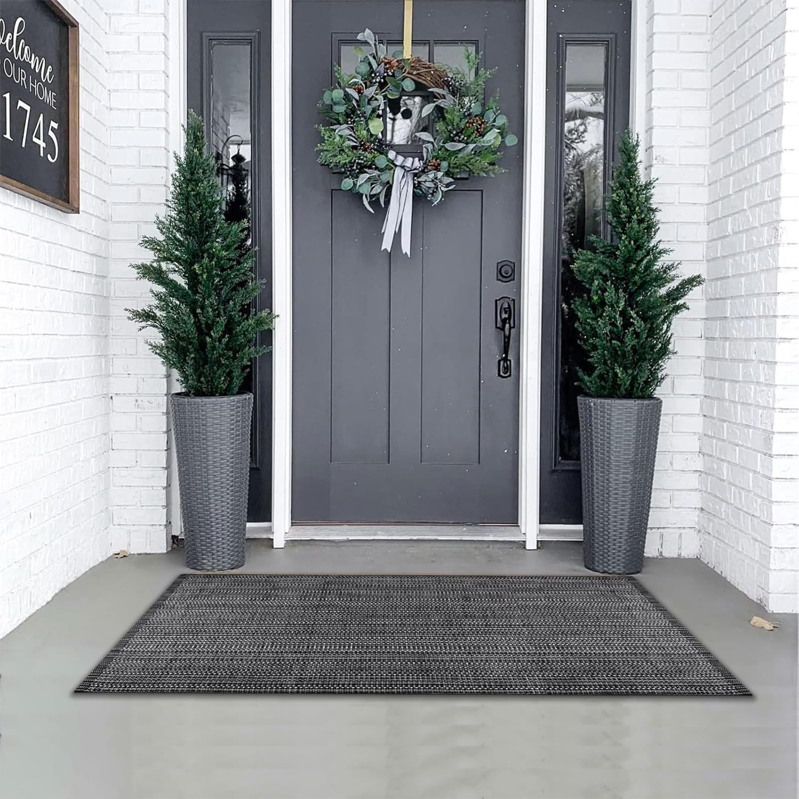 Front Porch Rug Black Boho Outdoor Rug 23.6″ x 51.2″ Door Mat Cotton Hand Wov