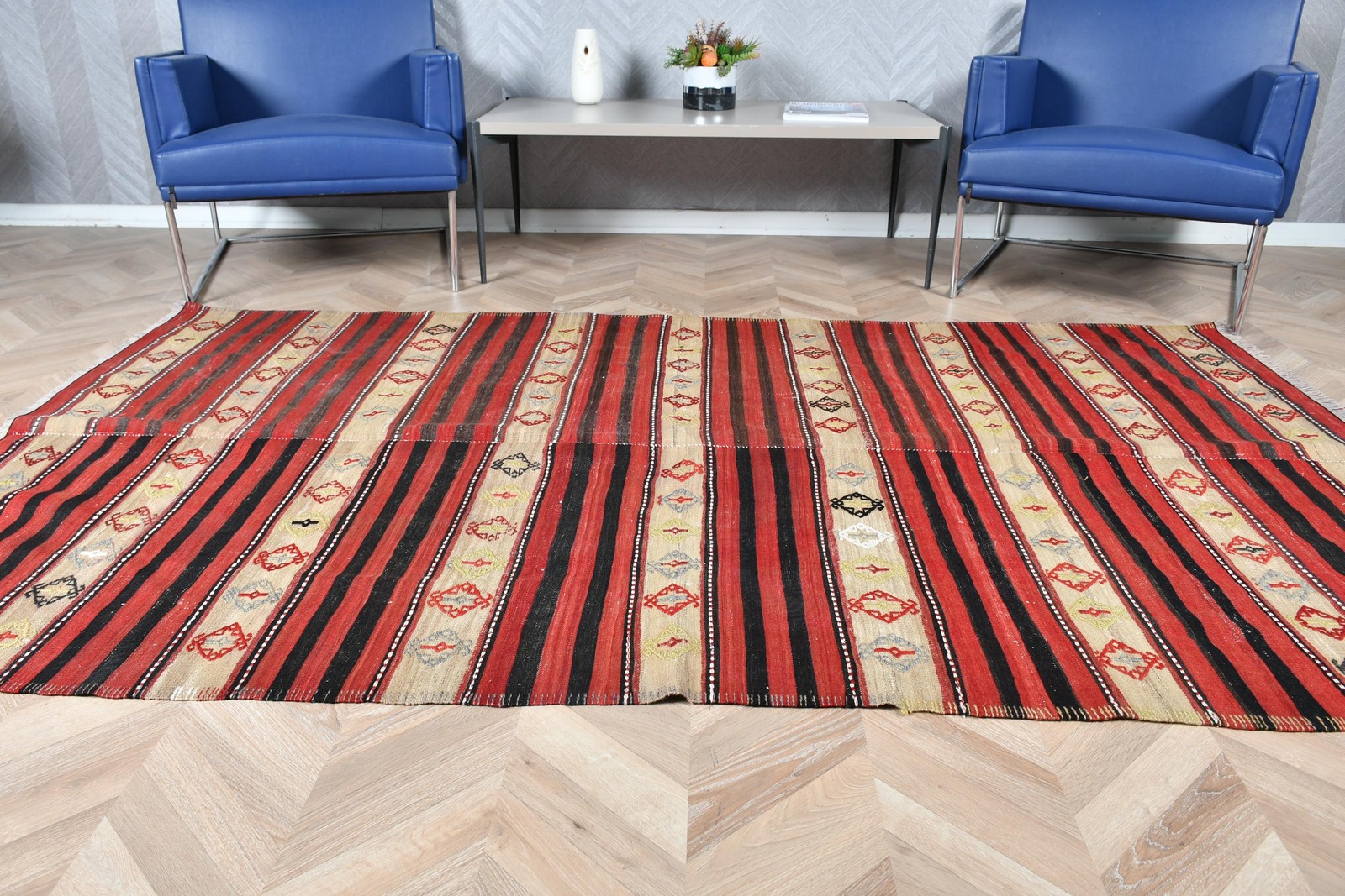 Turkish Kilim Area Rug 4,8×8,2 ft (147×250 cm), Vintage Red Striped Wool Rug