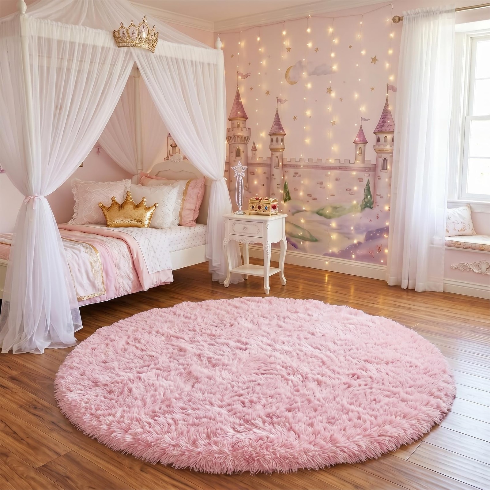 Light Pink Round Circle Rug 4Ft for Girls Bedroom, Fluffy Cute Area Rugs for …