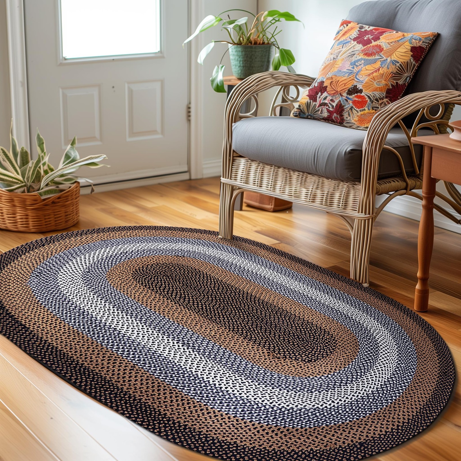 Super Area Rugs Rustic Black/Ivory/Brown Oval Braided Rug For Entryway/Foyer