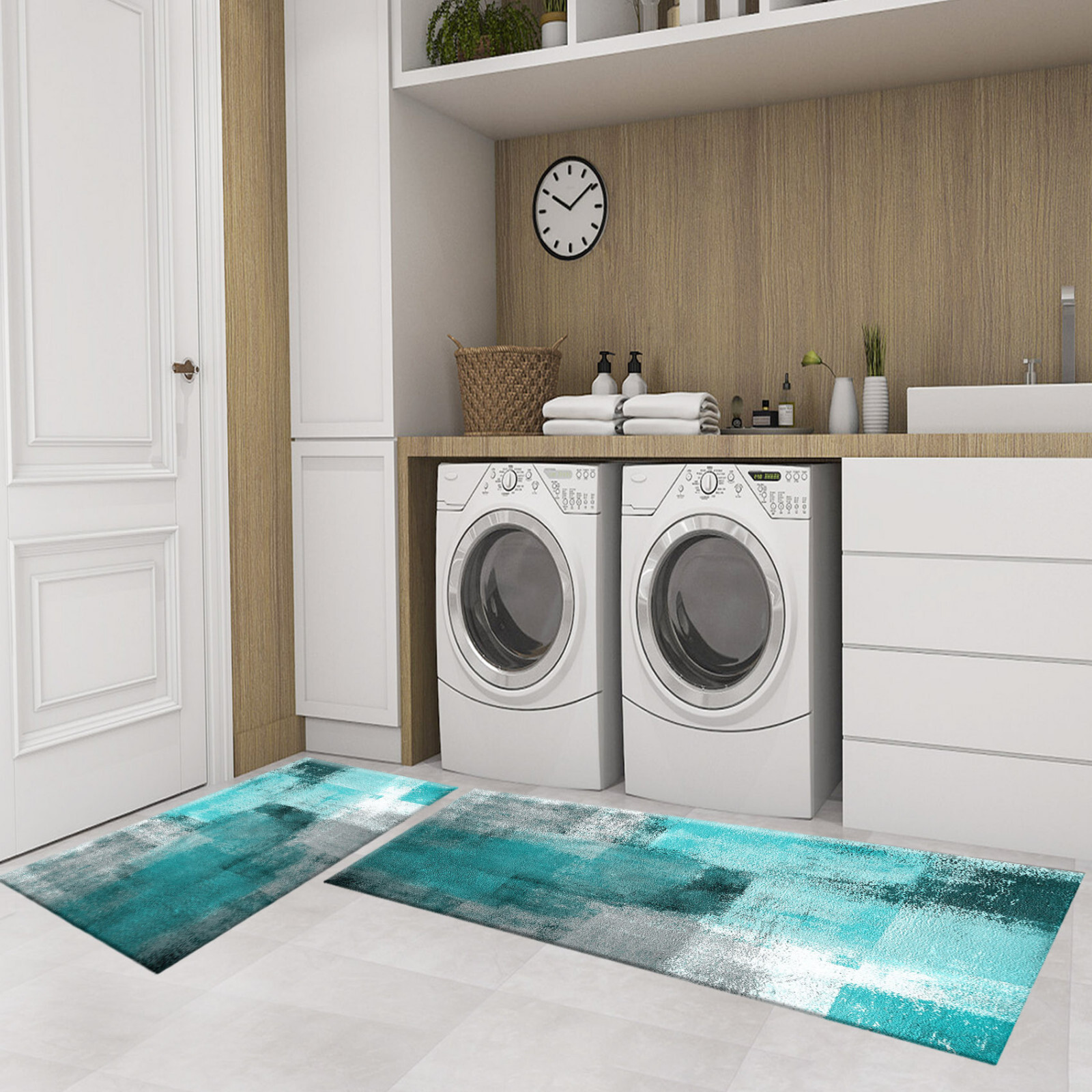 Teal Blue Abstract Geometric on Gray Kitchen Mats for Floor Washable Rugs