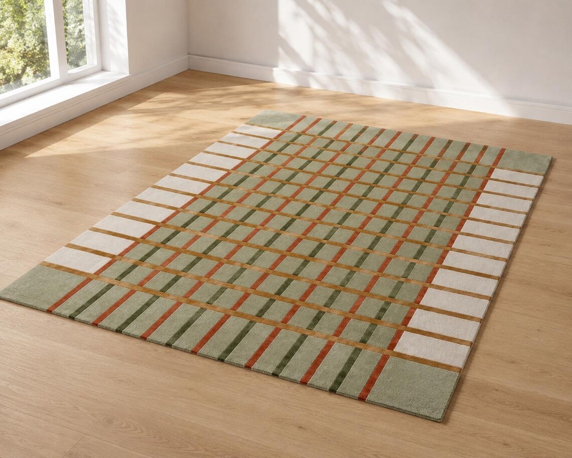 Hand Tufted Geometric Wool Rug: Modern Abstract Scandinavian Designer Carpet