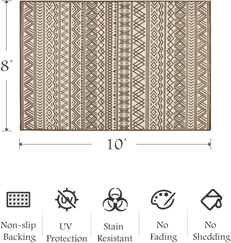 Boho Outdoor Rug 8×10 Ft Non-Slip Flatweave for Patio, Deck & Balcony, Brown