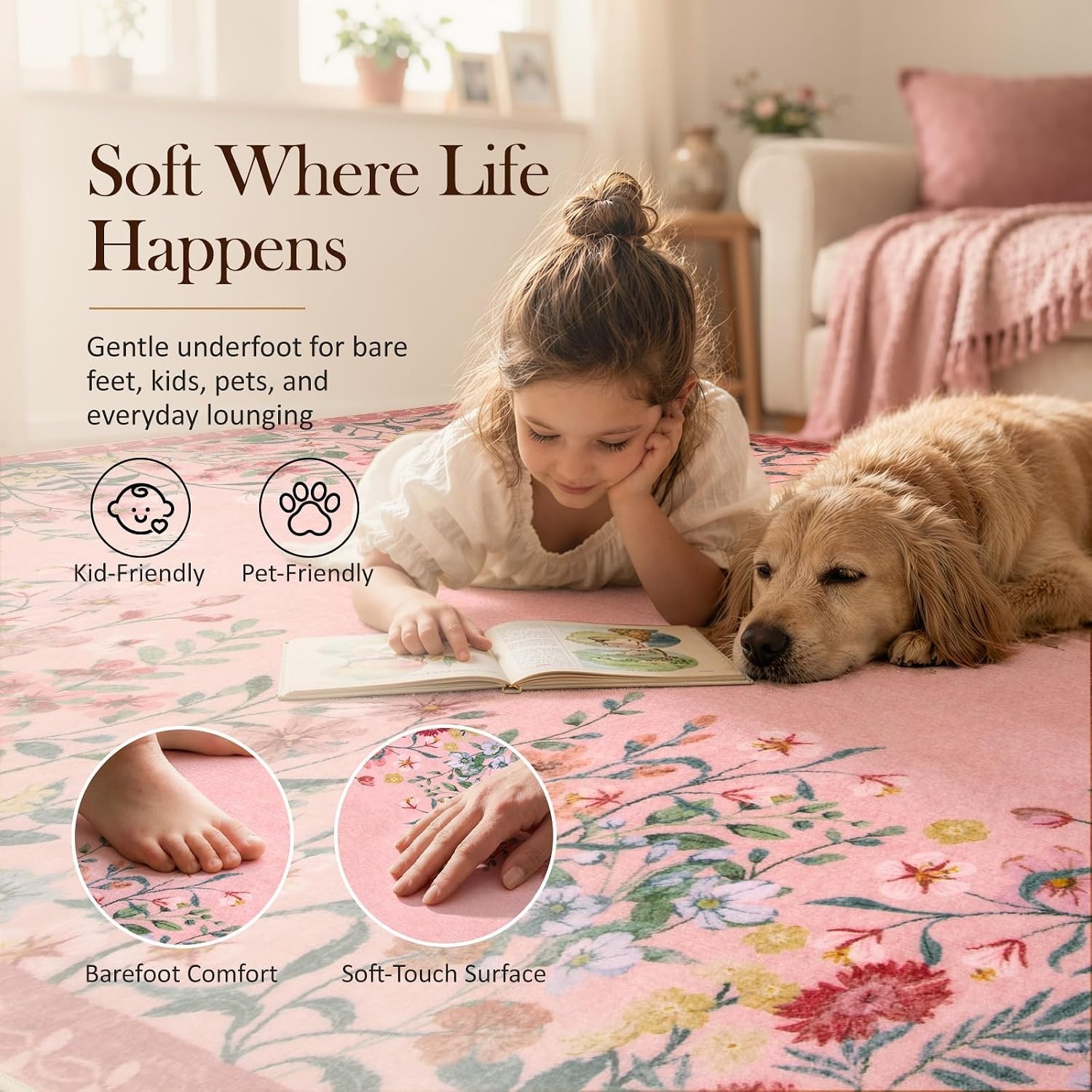 Soft & Stylish 4×6 Pink Floral Area Rug – Ideal for Kids’ Bedrooms & Nurseries