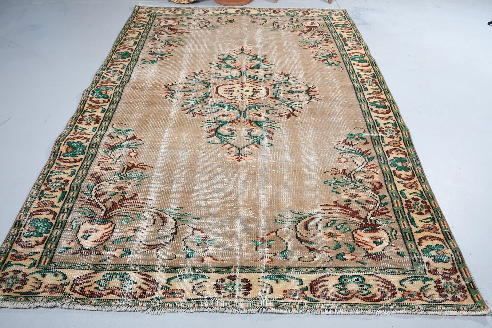 Turkish Vintage Rug, 6,2×9 ft Rug, Brown Green Bordered Wool Rug