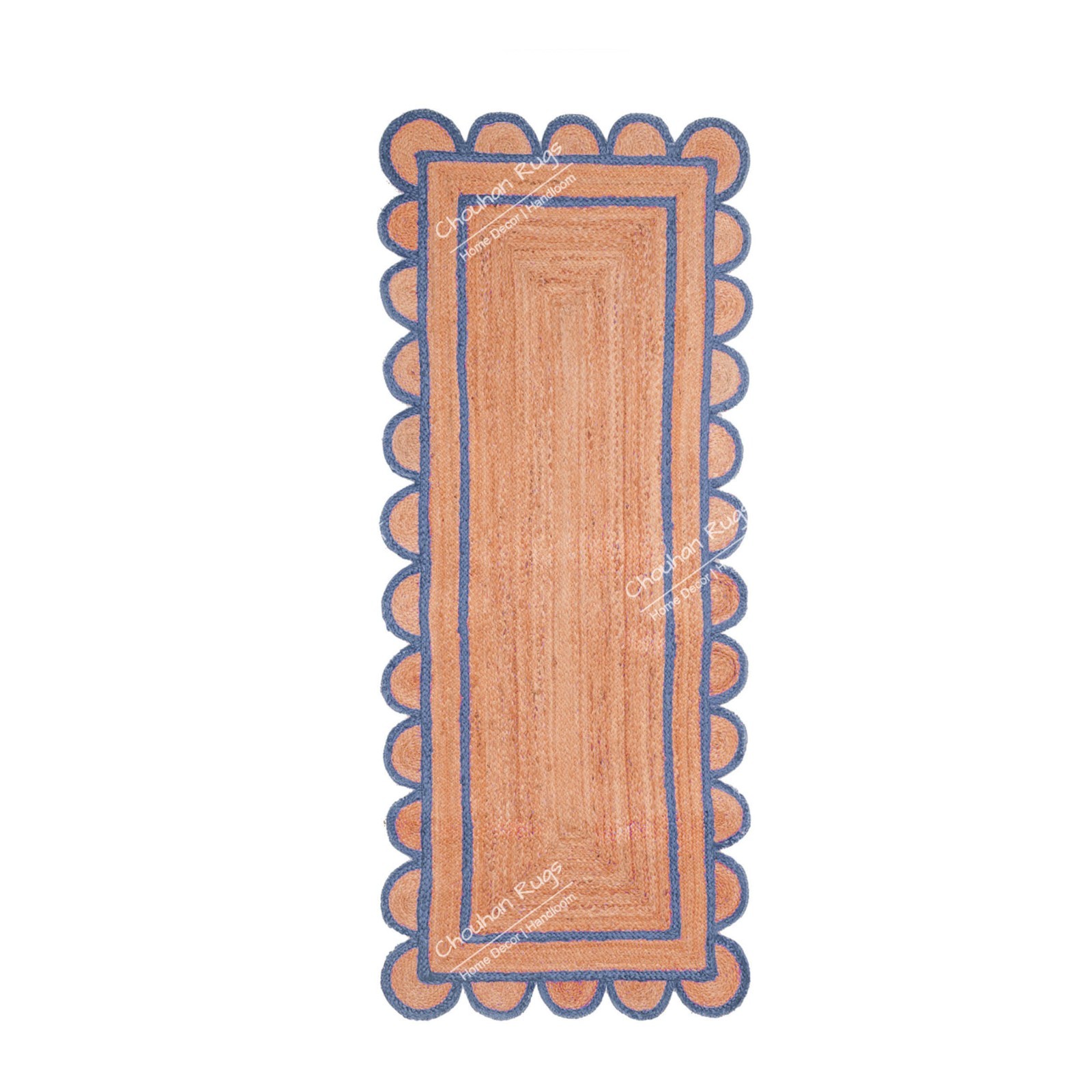 Natural scallop Jute Runner Rug 2×8 Ft Light Blue Border Boho Living area Rugs