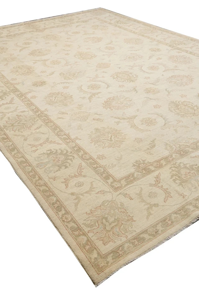 Hand Knotted Oushak Area Rug Vintage Floral Wool Carpet Beige & Cream 9×12 Rug
