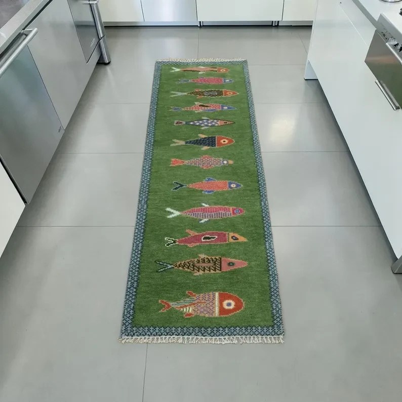 Koi Fish Runner Rug: Green Colorful Carpet Handmade Wool Area Rug