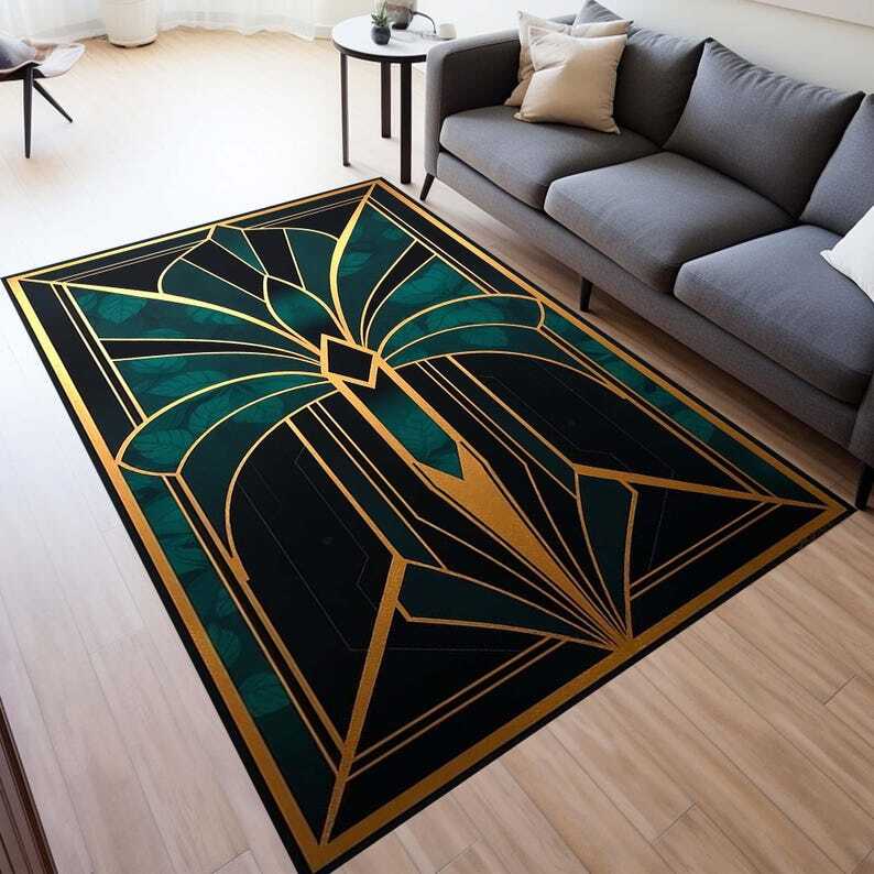 Green Rug, Art Nouveau Rug, Modern Home Rug, Minimalist Decor, Art Deco Design,